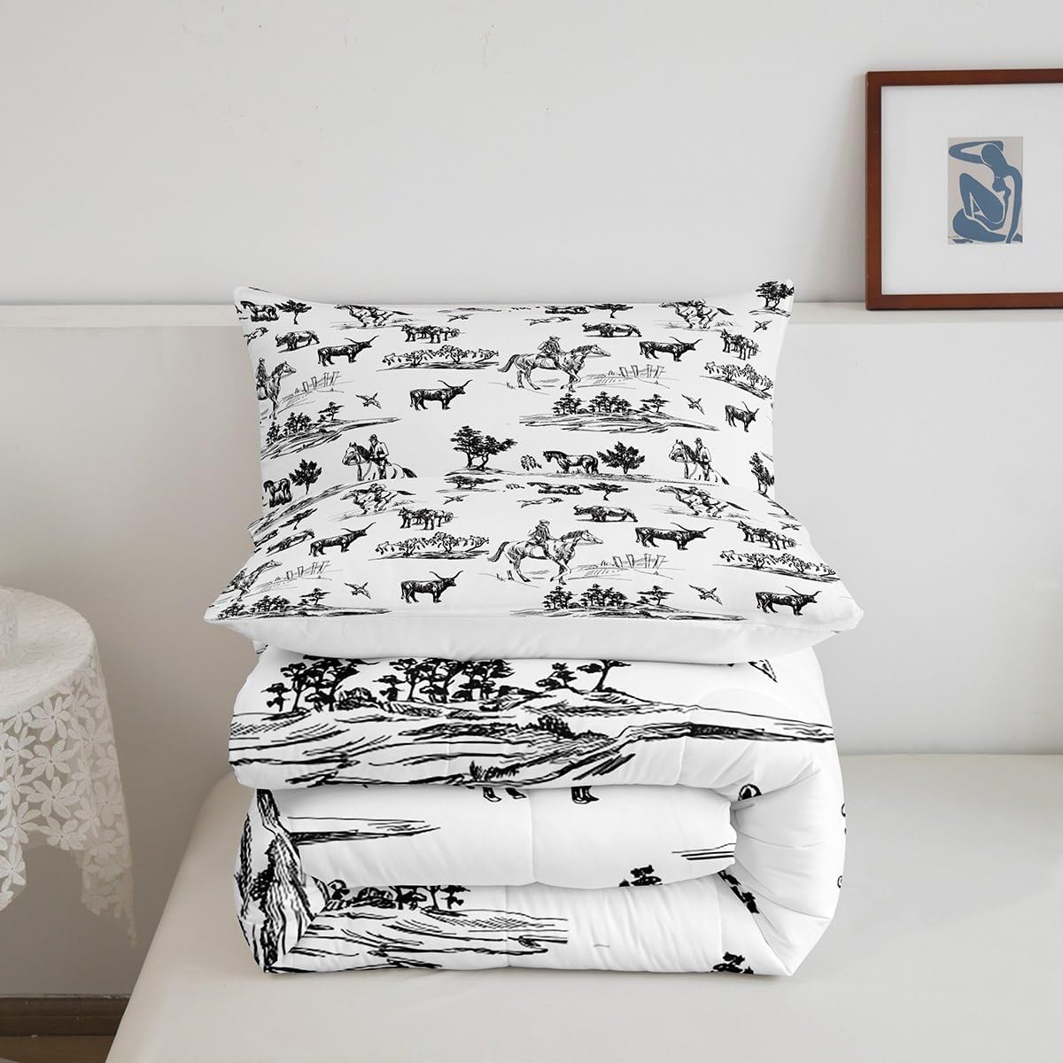 Juego de edredón occidental, tamaño matrimonial, juego de ropa de cama de vaca y caballo, 3 piezas, diseño de animales de granja para niños, niñas y