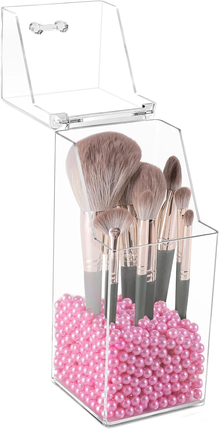 Sooyee Soporte para brochas de maquillaje, organizador de brochas de maquillaje con perlas rosas de 0.315 in, soporte para brochas de maquillaje a