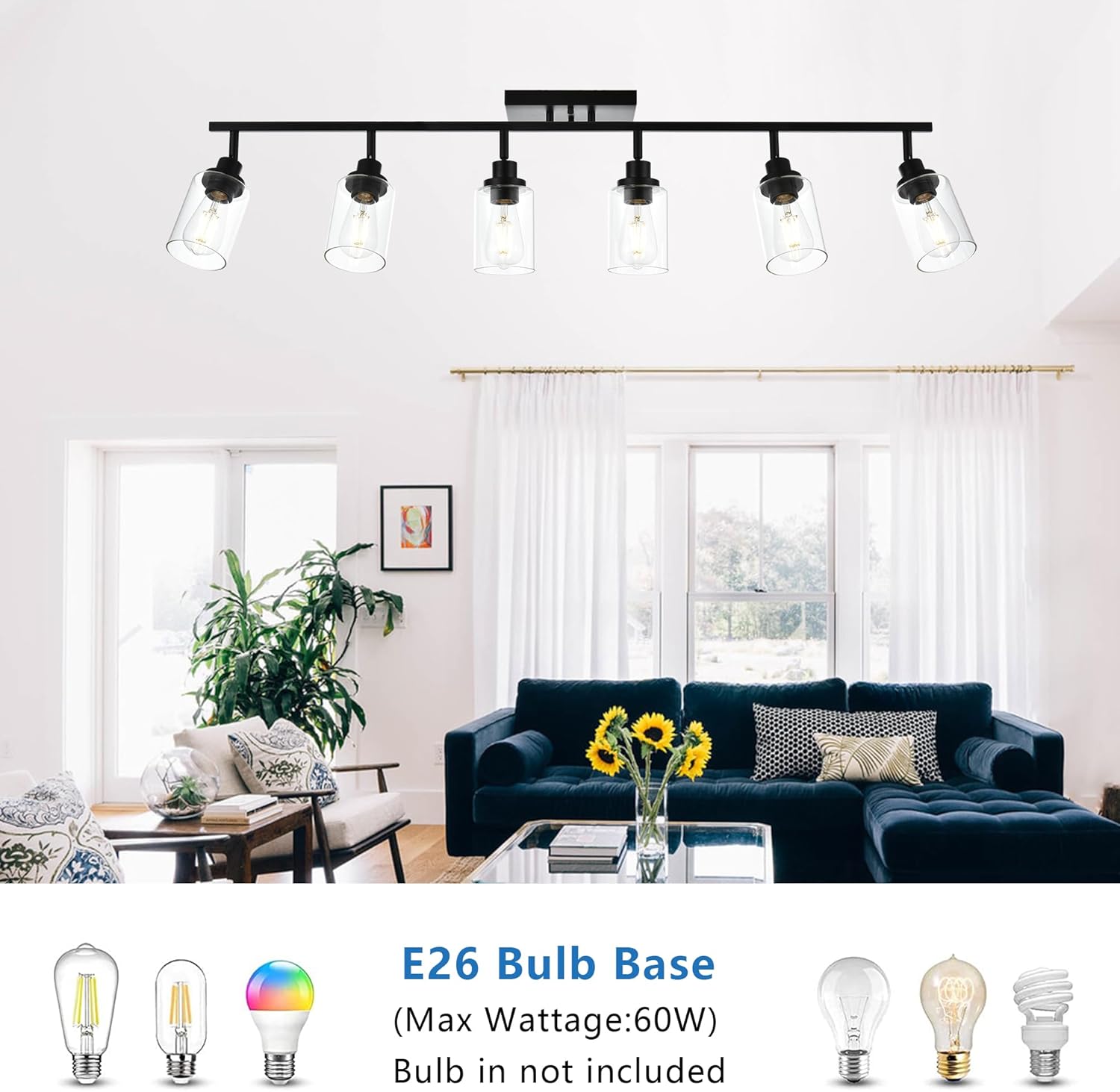 MELUCEE Kits de iluminación de riel de techo, 6 lámparas de baño, montaje en pared con cabezal de luz giratorio, modernos focos negros con pantalla