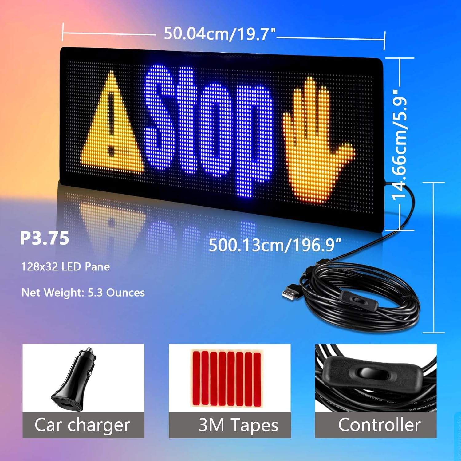 QNK P3.75 – Letrero LED de desplazamiento grande, 19.7 x 5.9 pulgadas, USB flexible de 5 V, Bluetooth, control de aplicación, programable, pantalla
