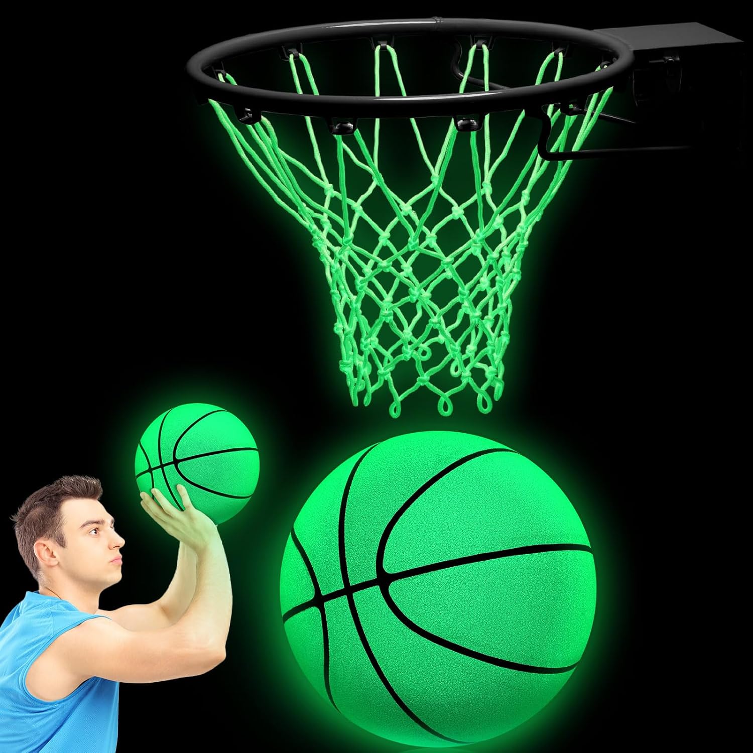 3 Pcs Glow in The Dark Basketball Set, Includes Size 7 Glowing Basketball Light up Nightlight Net with Pump for Hoop Luminous Sports Gift for Kids