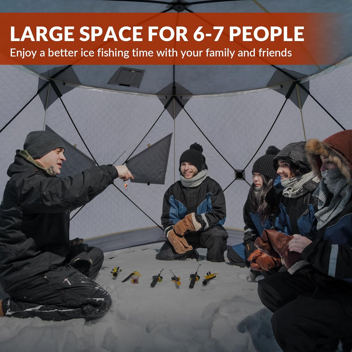 QualyQualy Ice Fishing Tent Insulated, 6 Sided Insulated Ice Fishing Shelter for 6-7 Person, Portable Pop-Up Ice Shanty Shack, Winter Fishing