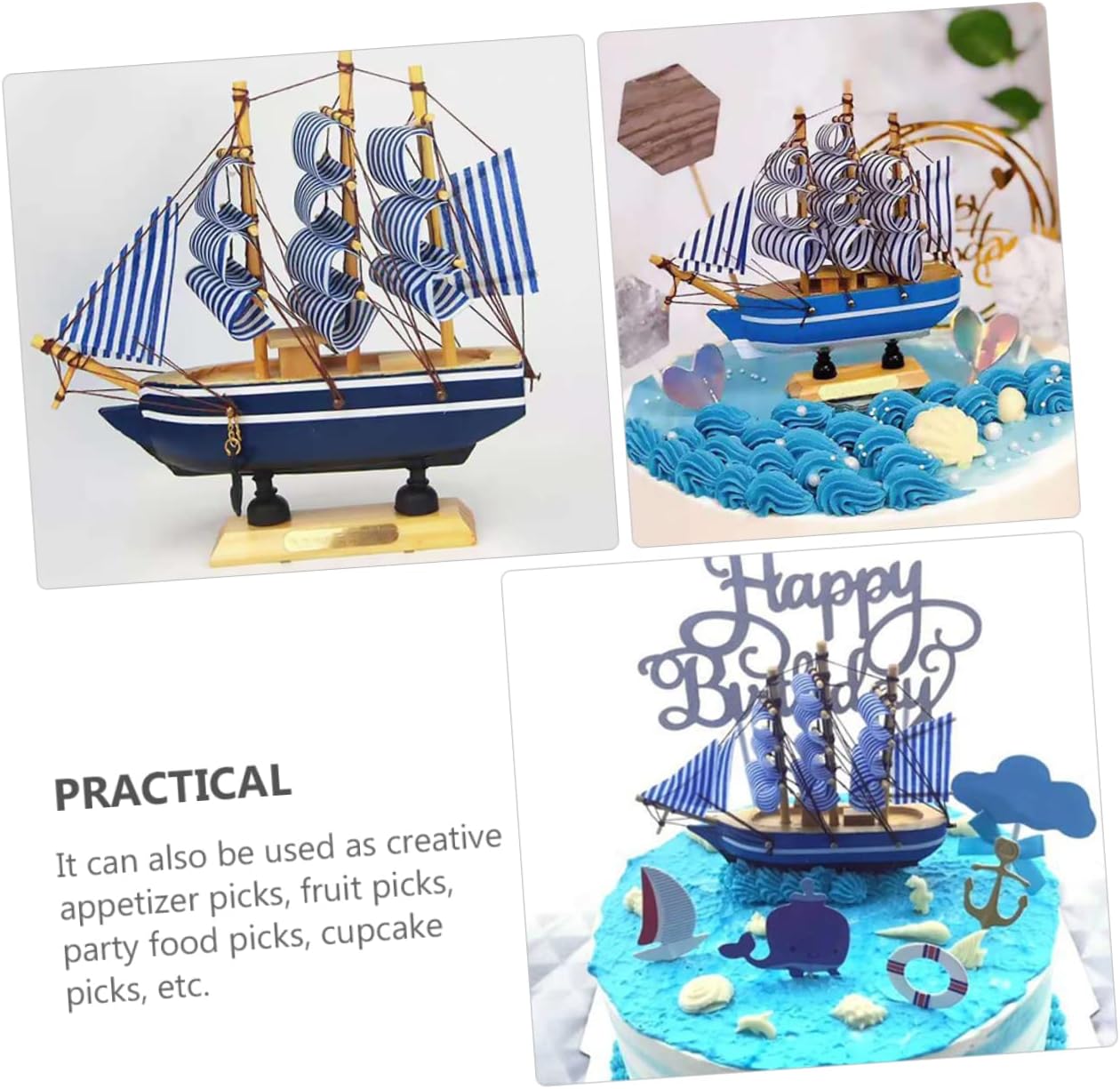 SUPVOX 3 Pcs Sailing Boat Cake Decoration Graduation Pirate Ornament Coastal Nautical Decor Sailboat Ornament Wood Sailboat Model Cupcake Picks Cake