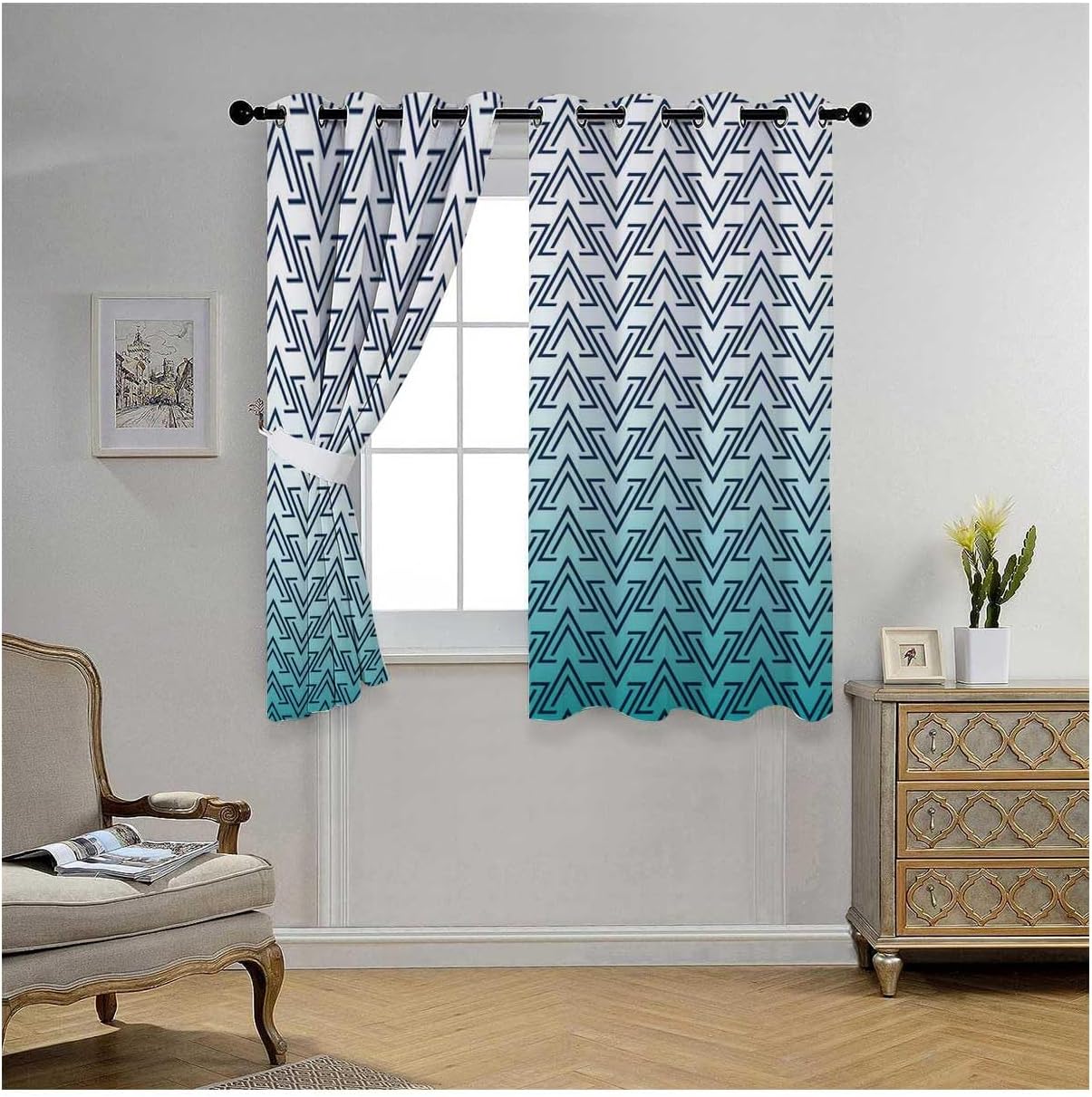 YANFENQI Cortinas para Sala Elegantes Modernas White Cyan Gradient Geometric Checked Curtain Room Divider Window Noise Blocker 63Inch Width by