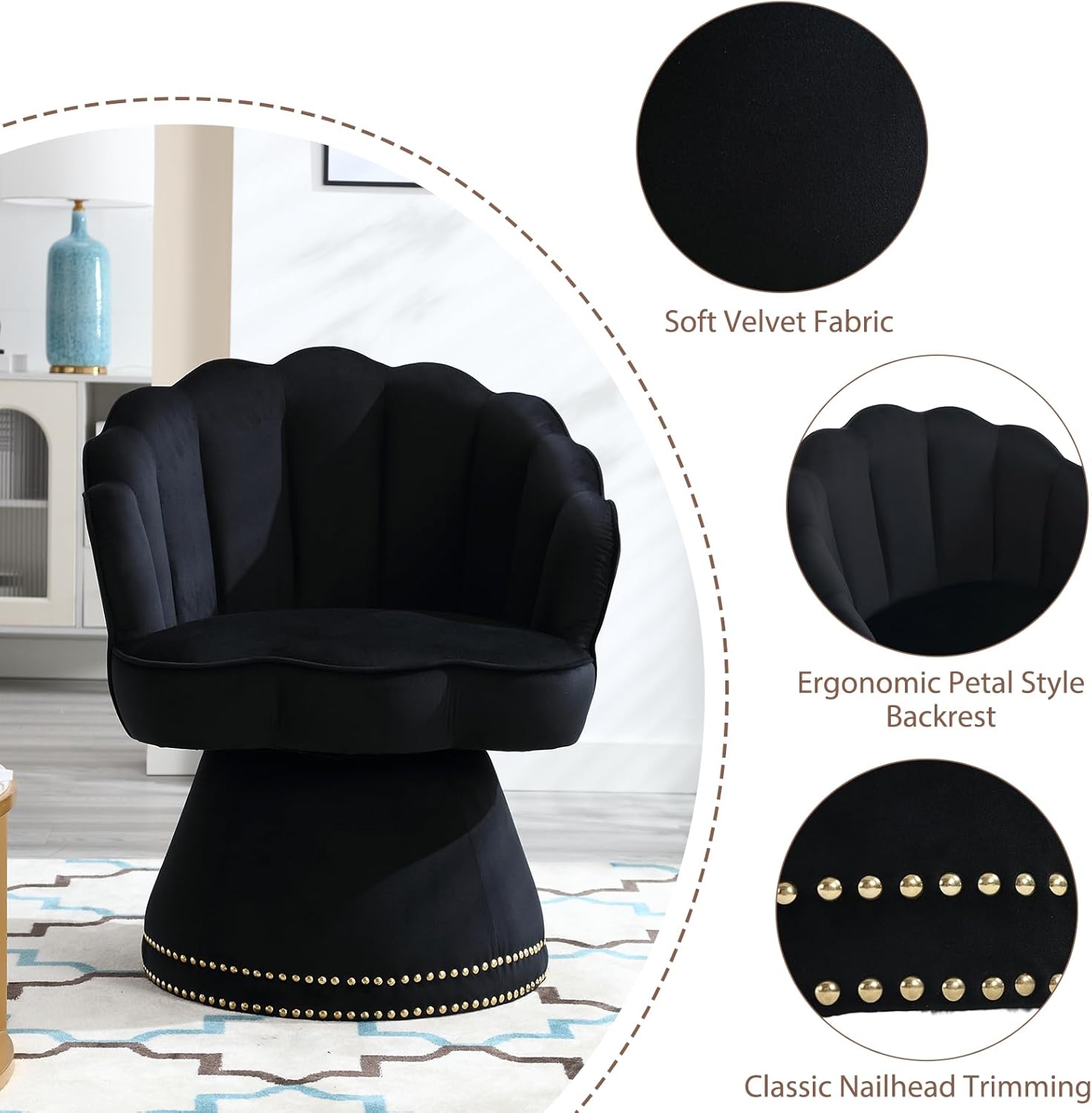Suheww Silla decorativa giratoria, moderna silla tapizada de terciopelo con barril giratorio de 360 grados, sillón pequeño con silueta festoneada