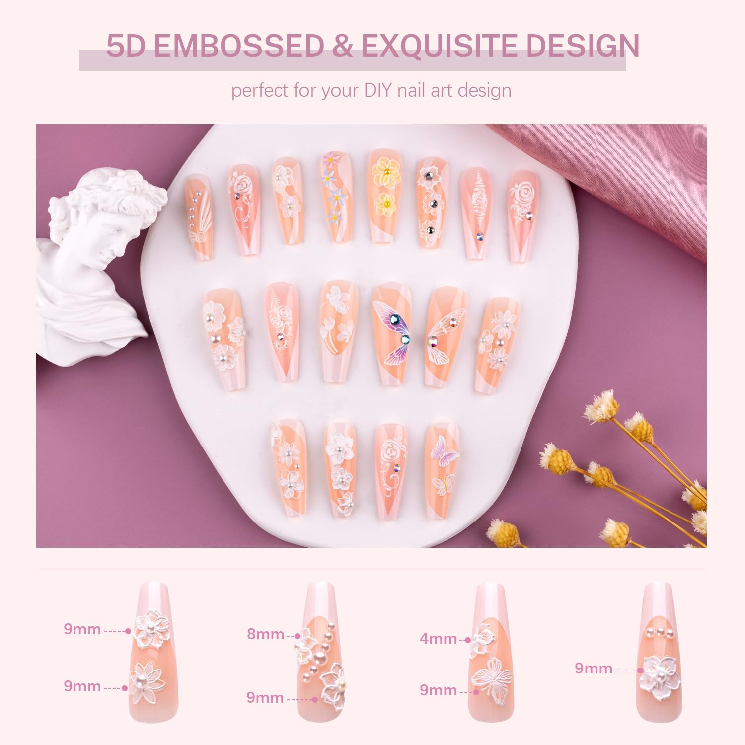 Calcomanías de arte de uñas de flores 5D, 3 hojas en relieve, huecas, exquisitas pegatinas 3D, autoadhesivas, encaje blanco, hojas florales, plumas,