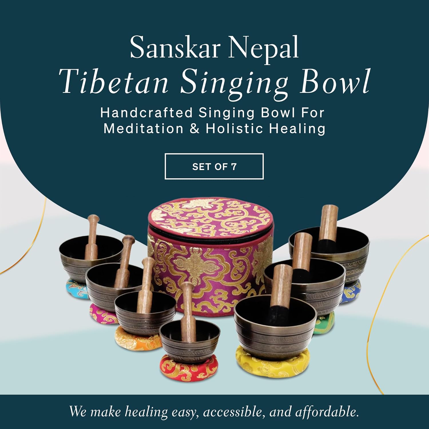 Juego de 7 cuencos tibetanos, cuencos cantores hechos a mano para meditación y curación holística, accesorios de yoga, cuencos negros de 3 a 5