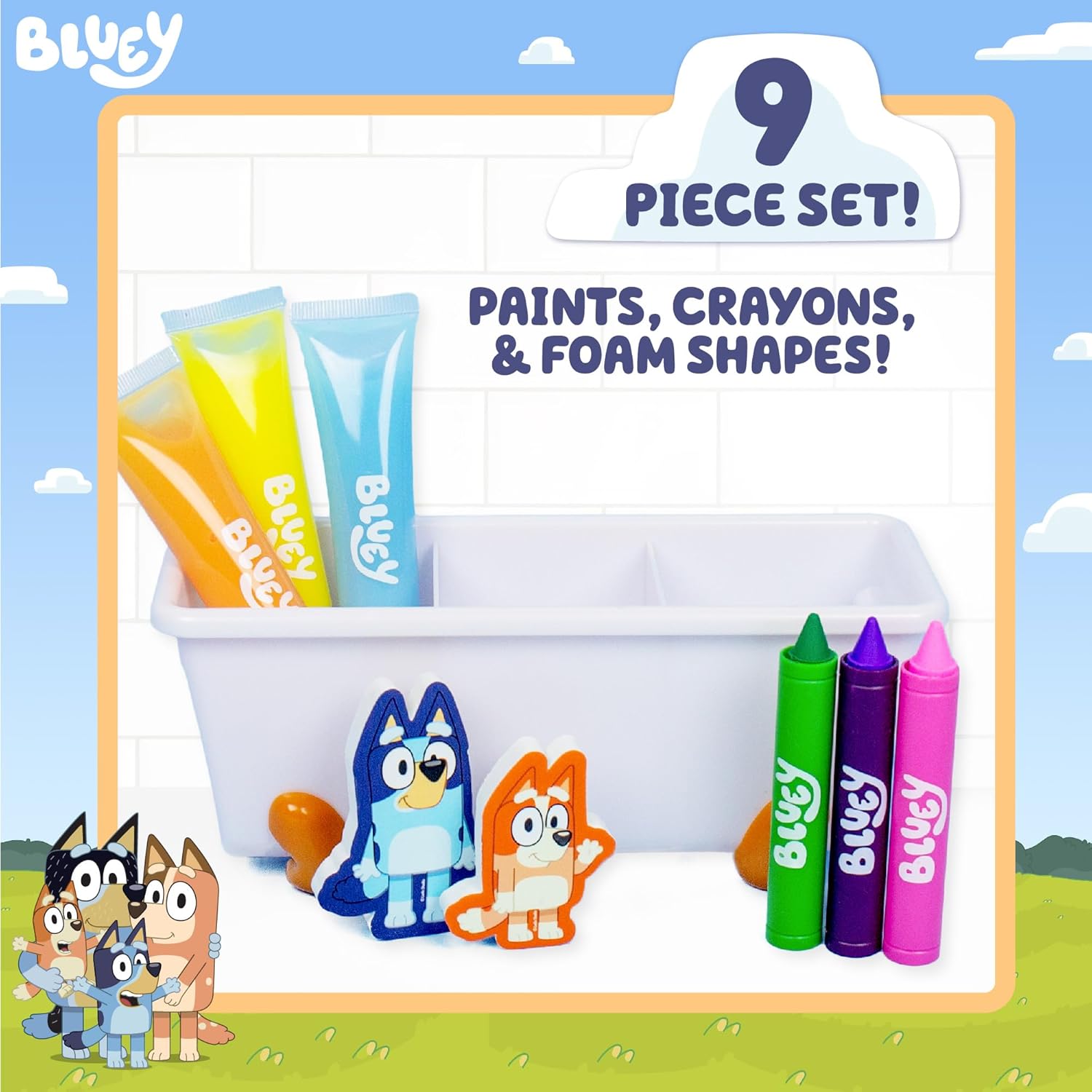 Bluey Bath Creations, juego de actividades de 9 piezas, divertidos juguetes de baño, incluye pinturas de baño lavables, crayones de baño,