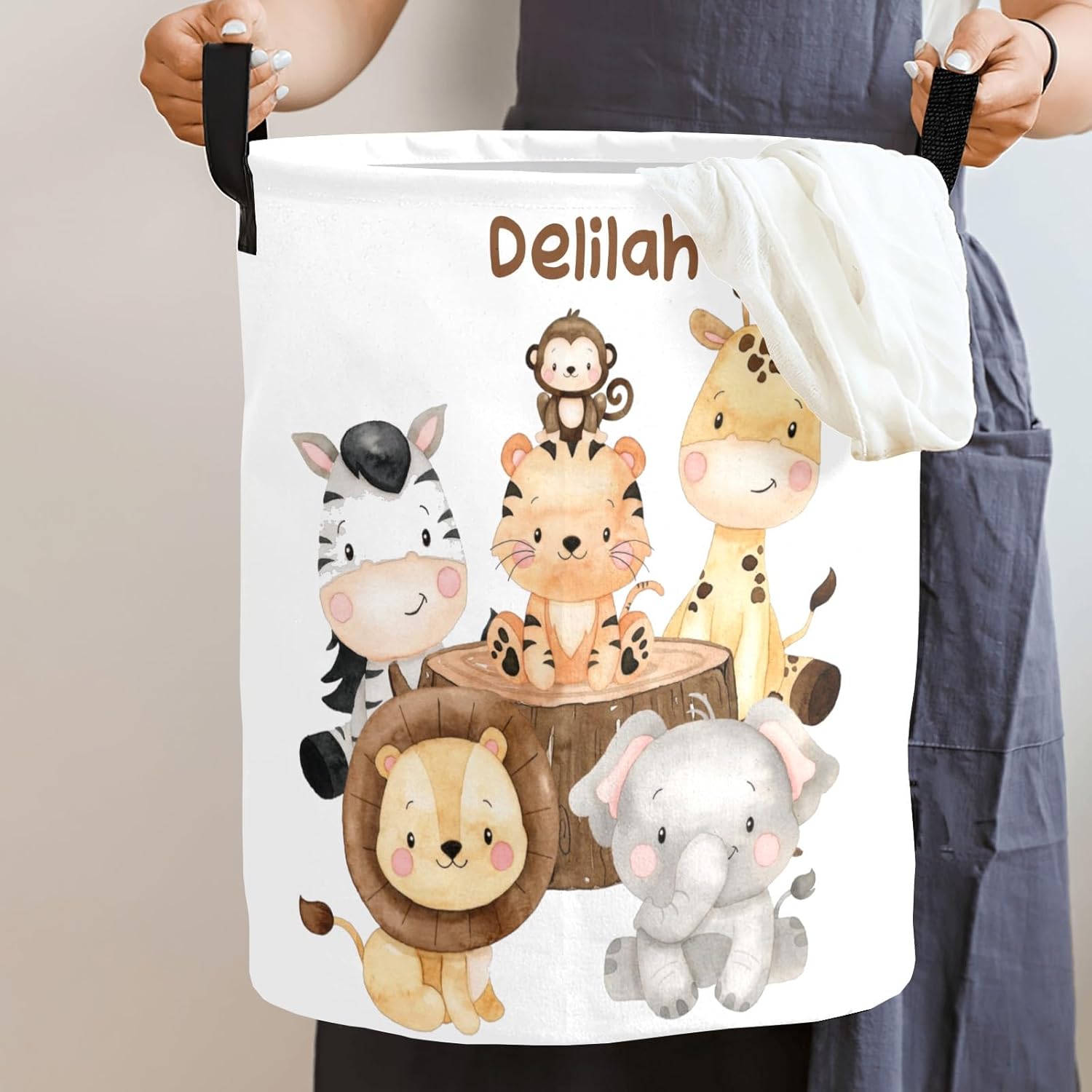 Safari Jungle Animals – Cesta de lavandería personalizada con asa impermeable, cesta plegable personalizada para niños y niñas, dormitorio de