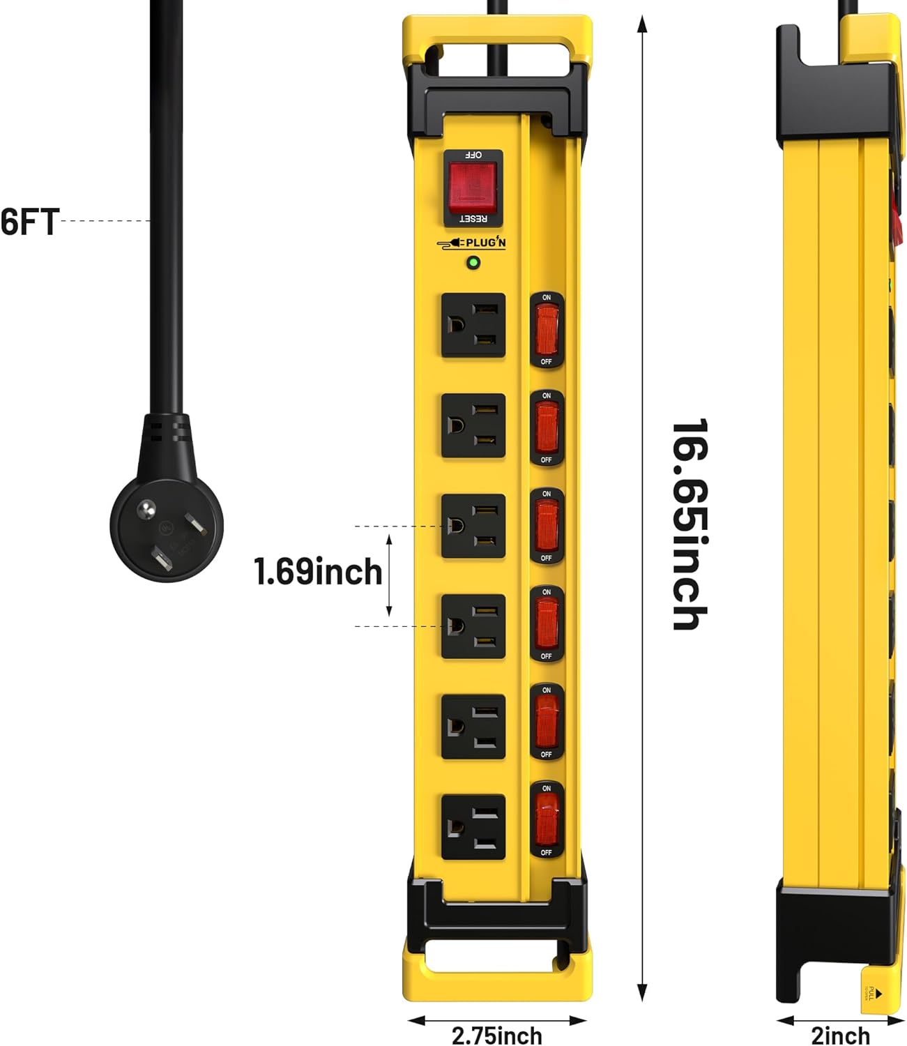 Regleta protectora contra sobretensiones 2700J con interruptores individuales y enchufe plano, regletas de alimentación de metal resistente de 6