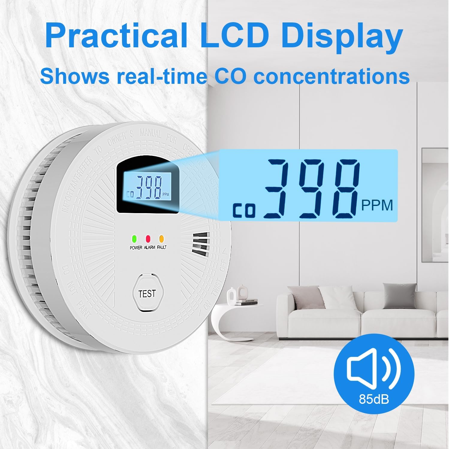 Combinación de monóxido de carbono y alarma de humo con pantalla digital, detectores de humo y monóxido de carbono a pilas, paquete de 1
