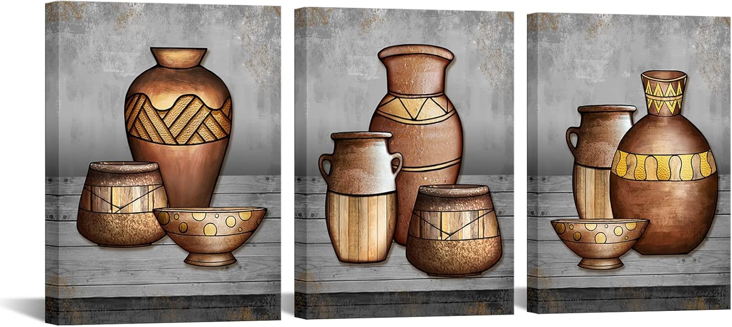 RyounoArt Lienzo africano de 3 piezas de arte de pared de cerámica antigua, pintura tradicional de jarrón tribal, impresiones para decoración de