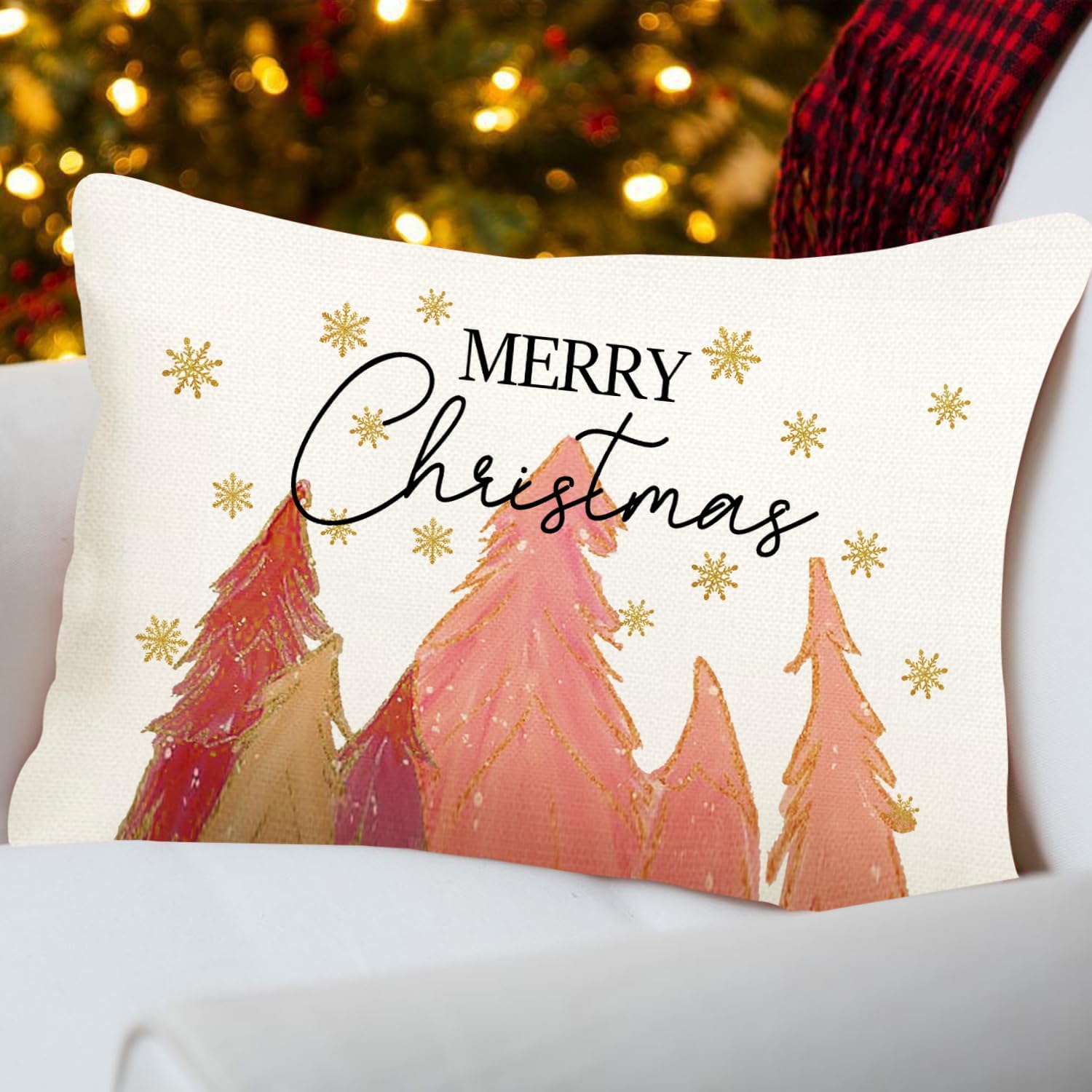 Fundas de almohada de Navidad de 12 x 20 pulgadas, diseño de copo de nieve de árbol de Navidad, decoración de vacaciones, funda de cojín para el