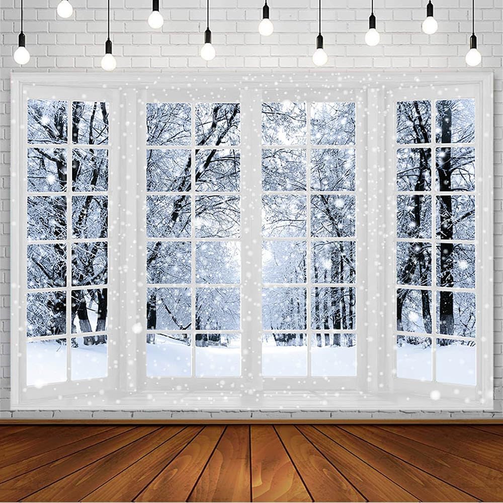 AIBIIN Fondo de ventana de escena de nieve de invierno de 7 x 5 pies para fotografía, feliz Navidad, feliz año nuevo, copo de nieve, país de las
