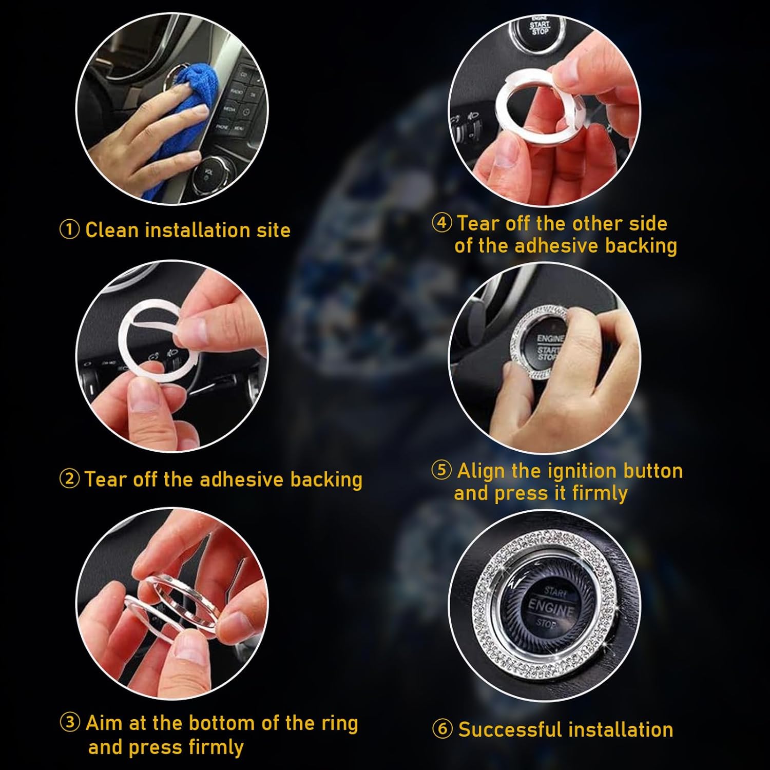 Anillo de decoración de arranque de motor de automóvil con doble diamantes de imitación, calcomanía brillante para botón de arranque, encendido de