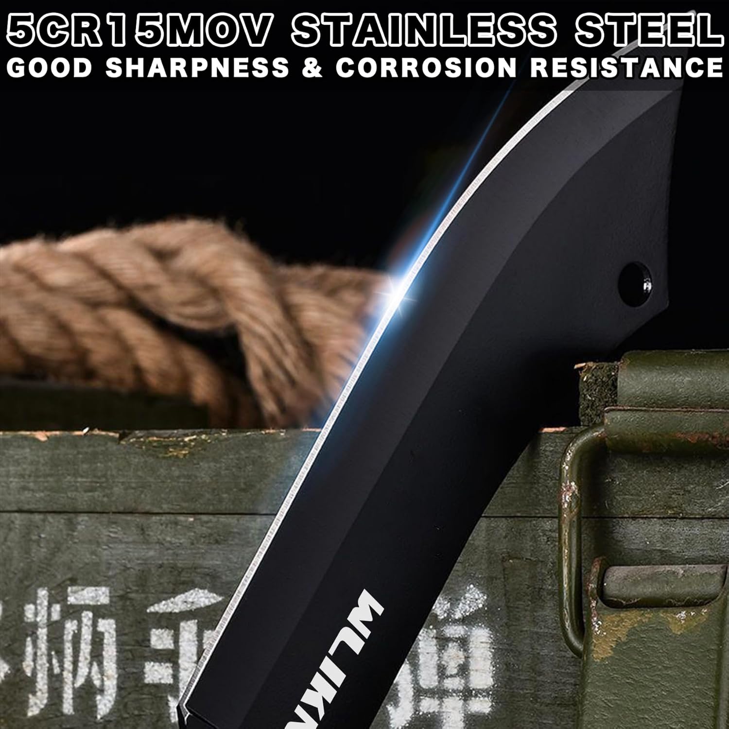 Wlikn Cuchillo de hoja fija con funda, cuchillo Bowie de supervivencia de hoja de un solo filo fuerte con mango antideslizante, para camping, caza y