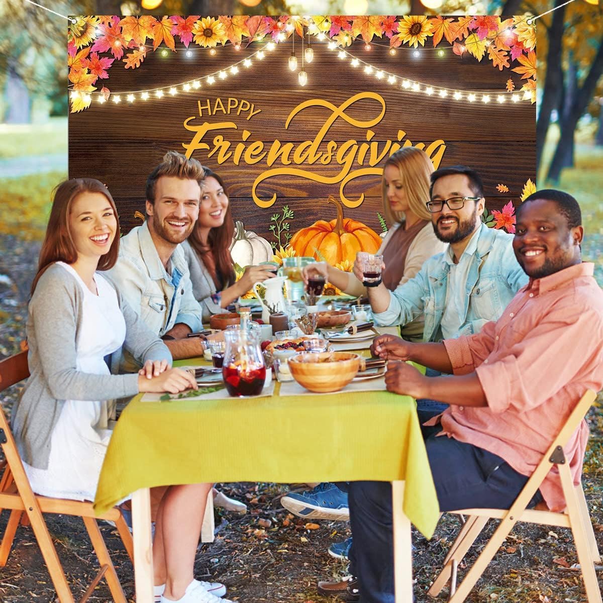 Nepnuser Telón de fondo para cabina de fotos de Happy Friendsgiving de cosecha de otoño, decoración de fiesta de amigos, hojas de arce, girasol,