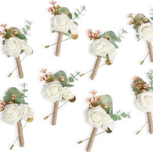 ICBOX Boutonniere de rosas blancas para hombres, 8 unidades, para boda con alfileres, novios y padrinos de boda, flores artificiales para ceremonia ICBOX Boutonniere de rosas blancas para hombres, 8 unidades, para boda con alfileres, novios y padrinos de boda, flores artificiales para ceremonia