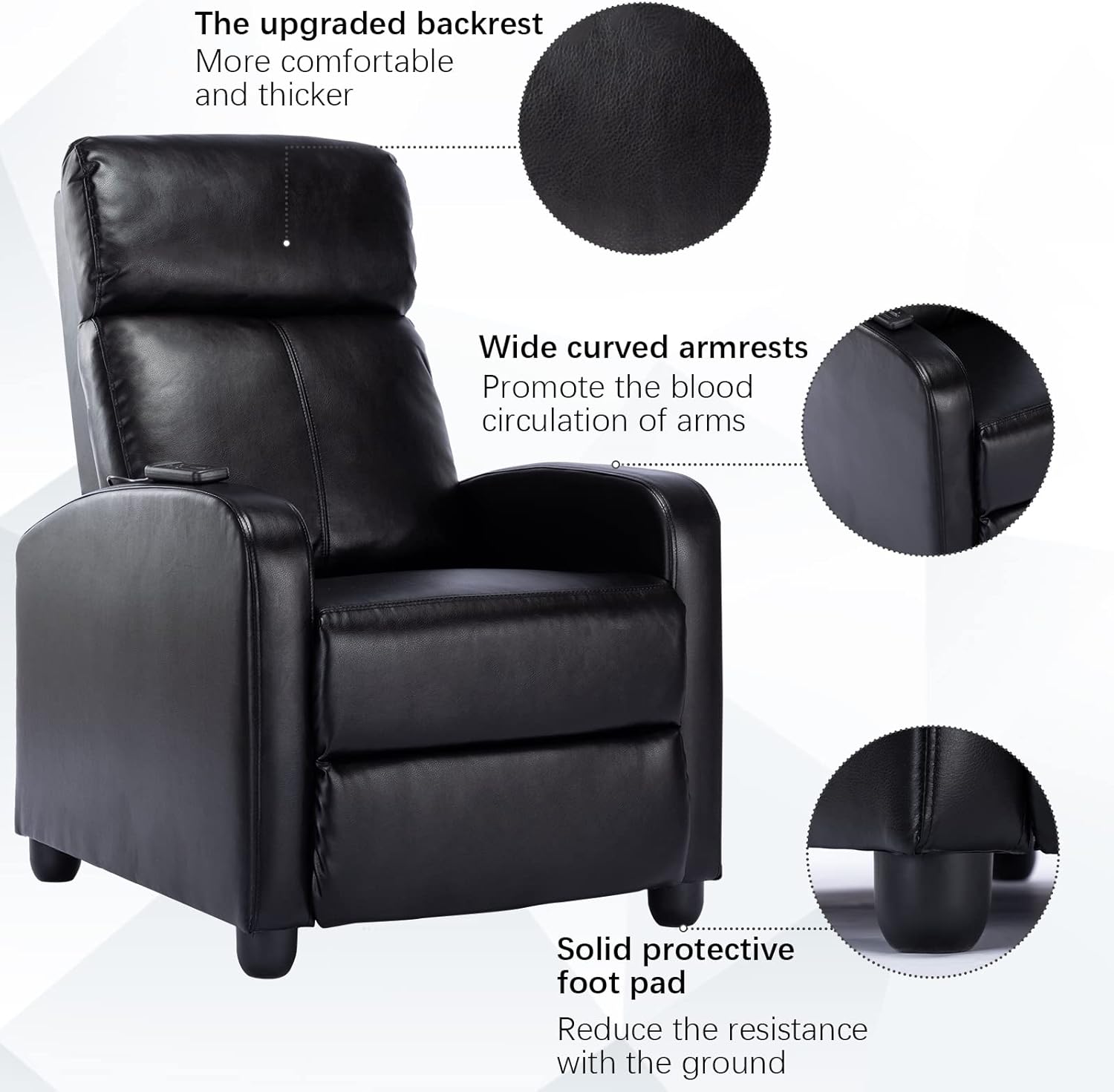 ANJ Winback – Silla reclinable de piel sintética, asiento reclinable acolchado moderno, sofá individual para sala de estar, asiento ajustable para
