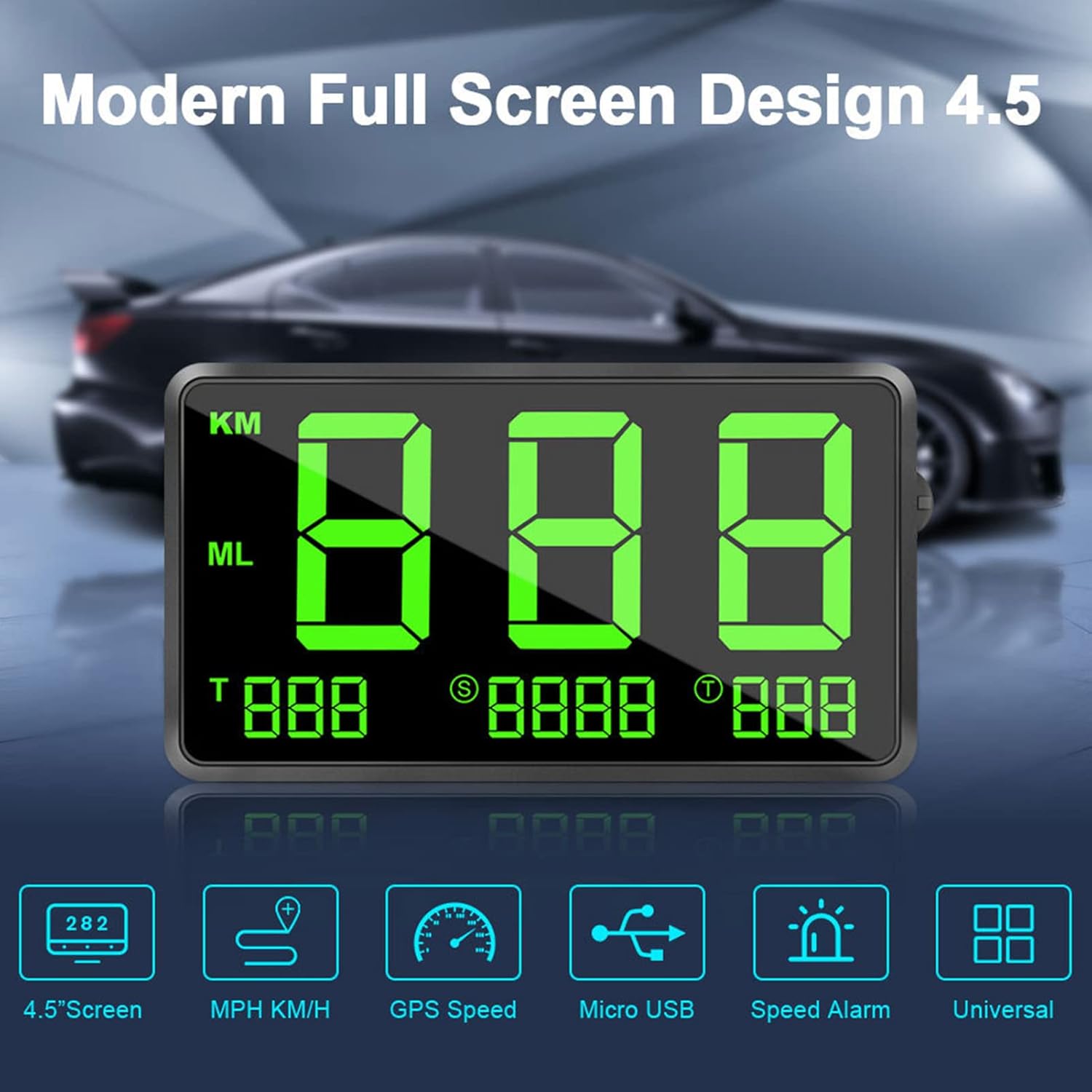 Pantalla frontal para automóvil HUD Pantalla superior Velocímetro de luz verde con velocidad Fatiga Advertencia de conducción sobre velocidad