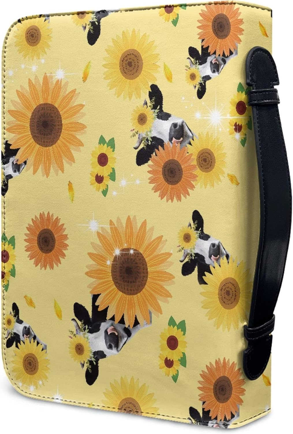 Funda de piel con diseño de vaca y girasol para la Biblia, funda de cuero para la Biblia, bolsa de transporte con bolsillos con cremallera, asa para