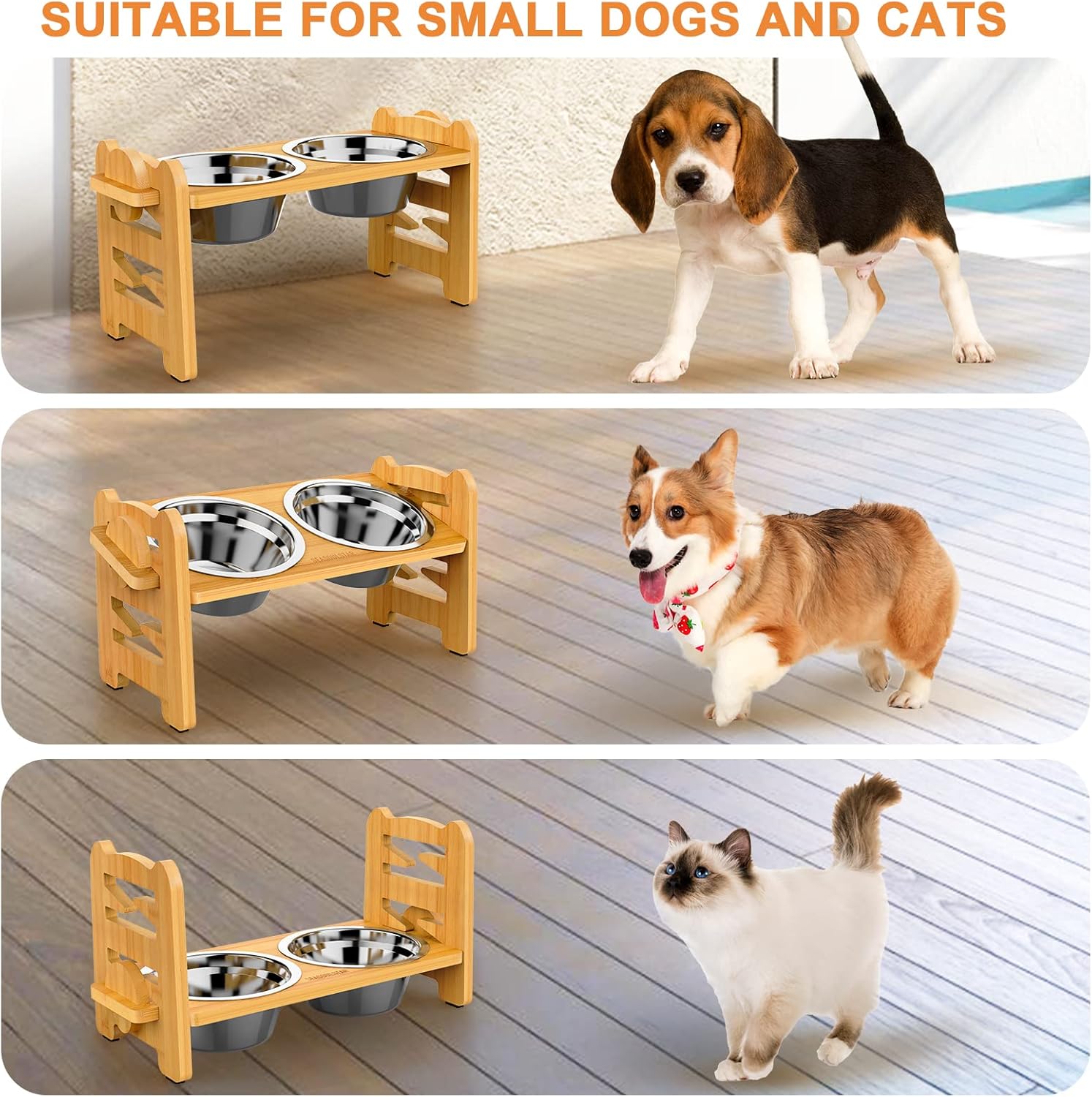Cuencos elevados para perros y gatos pequeños, cuencos elevados ajustables inclinados con 2 cuencos de acero inoxidable, comedero antideslizante de