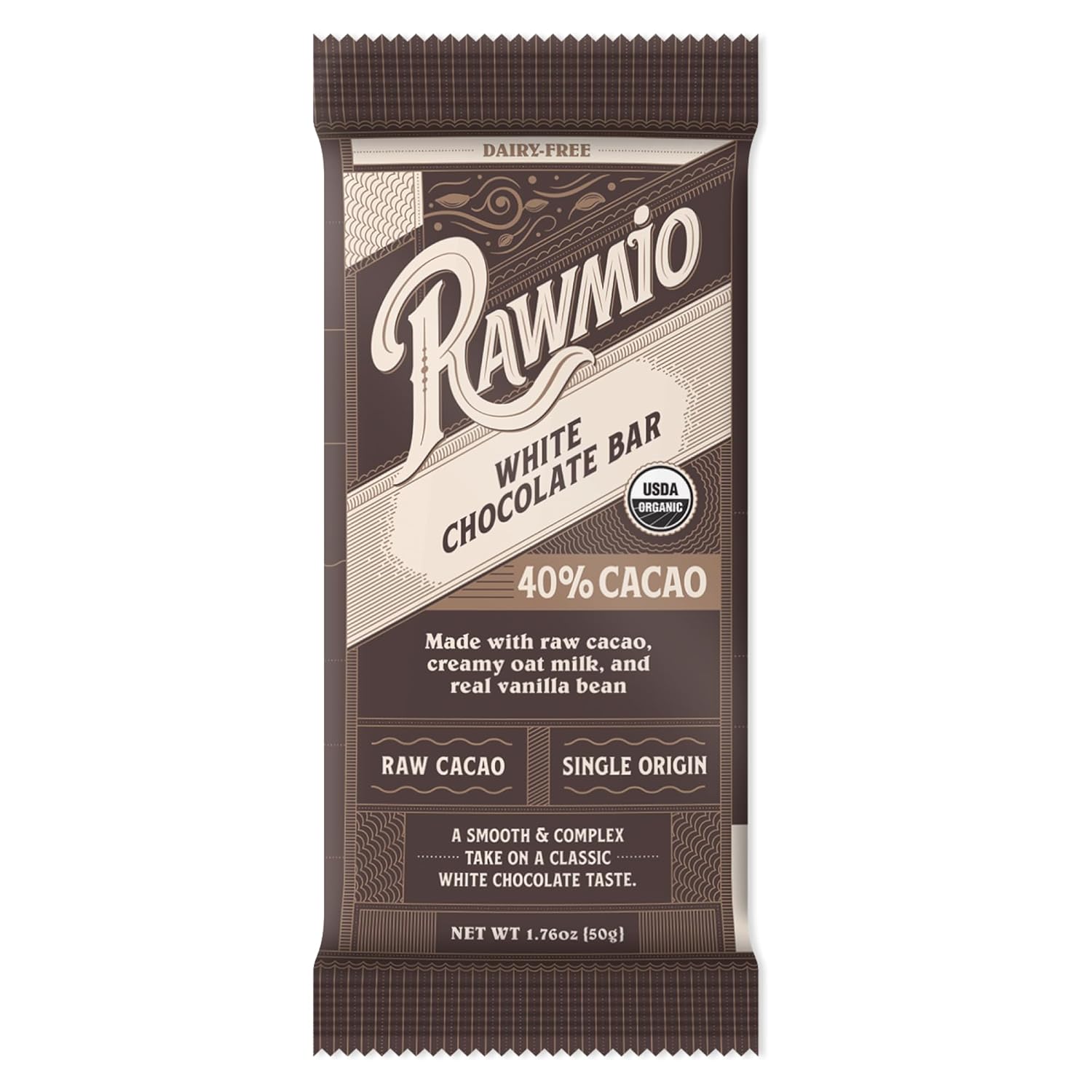 Rawmio Barra de chocolate blanco premium, orgánico, crudo, sin gluten, 40% cacao, paquete de 1, 1.76 onzas