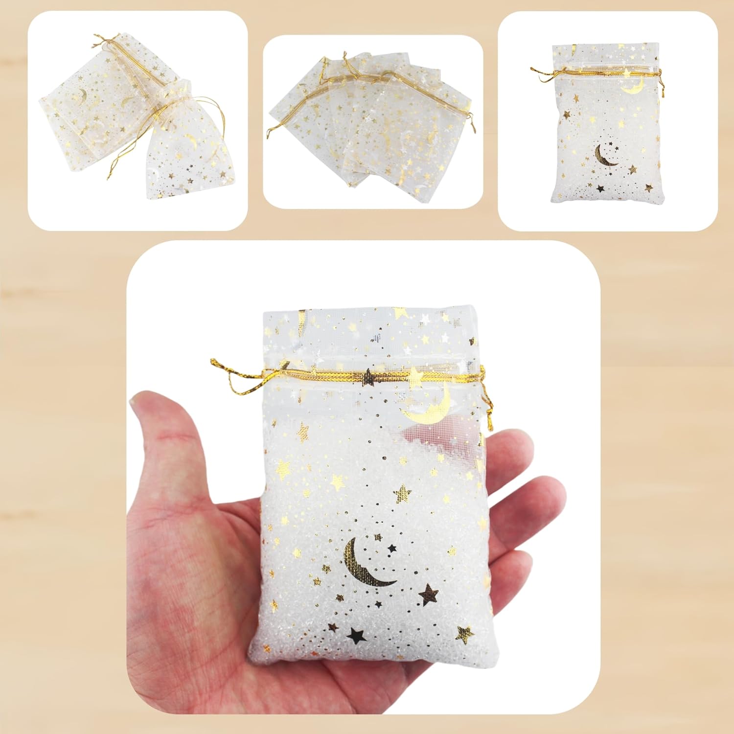 QIANHAILIZZ – 100 bolsas de organza con diseño de estrellas y lunas para joyas, para regalo de caramelos, regalo de matrimonio, con cordón ajustable.