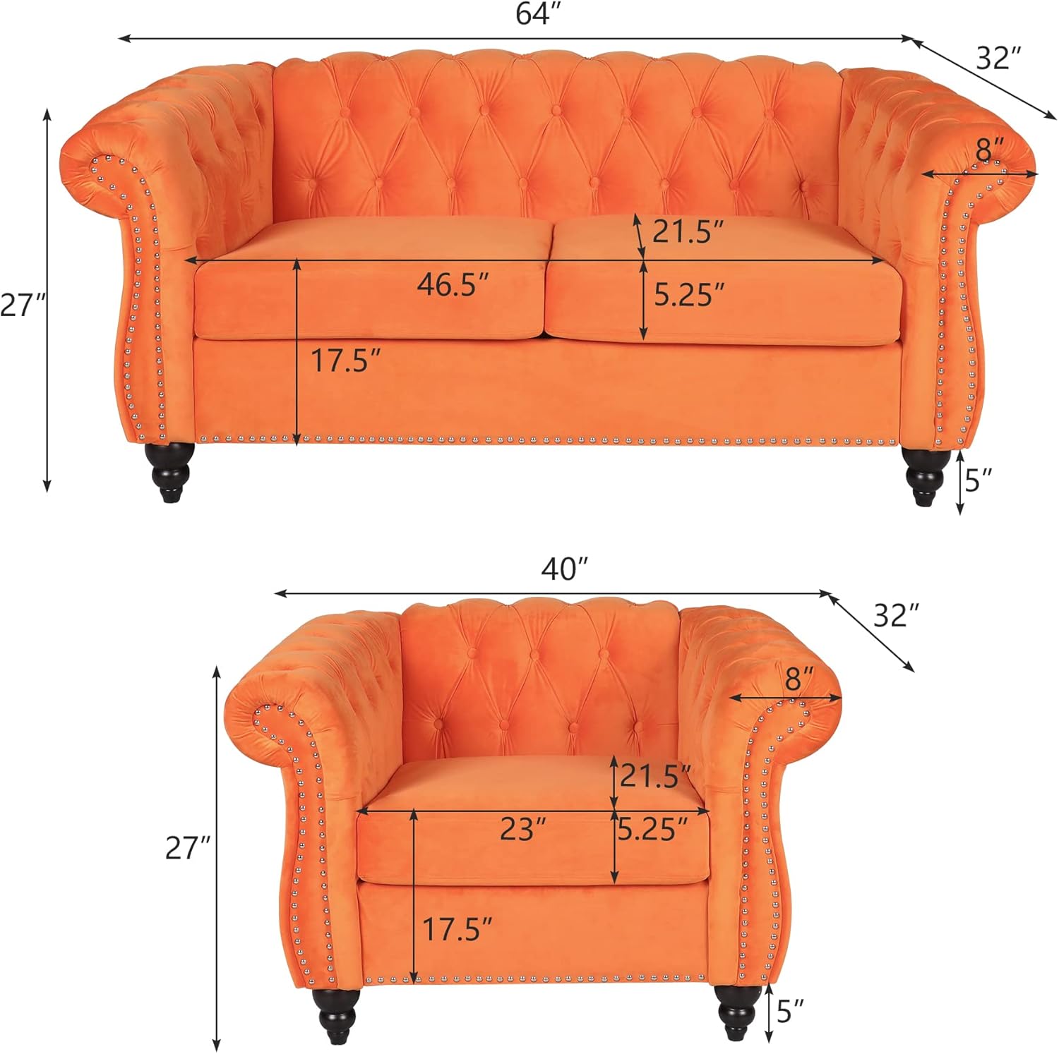 RARZOE Juego de 2 muebles de sala de estar, moderno y contemporáneo con botones copetudos de terciopelo y sofá de dos plazas Chesterfield con brazos