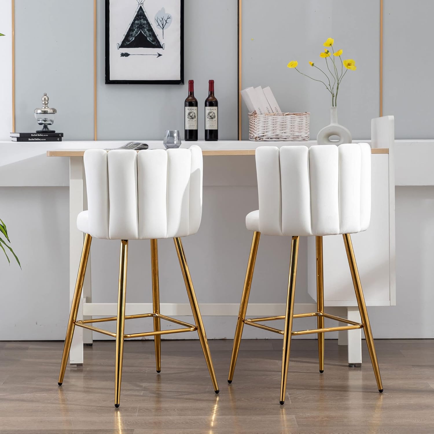 Velvet – Taburetes de bar de 30 pulgadas de altura de barra, juego de 2 taburetes de cocina modernos, sillas tapizadas con patas de metal dorado