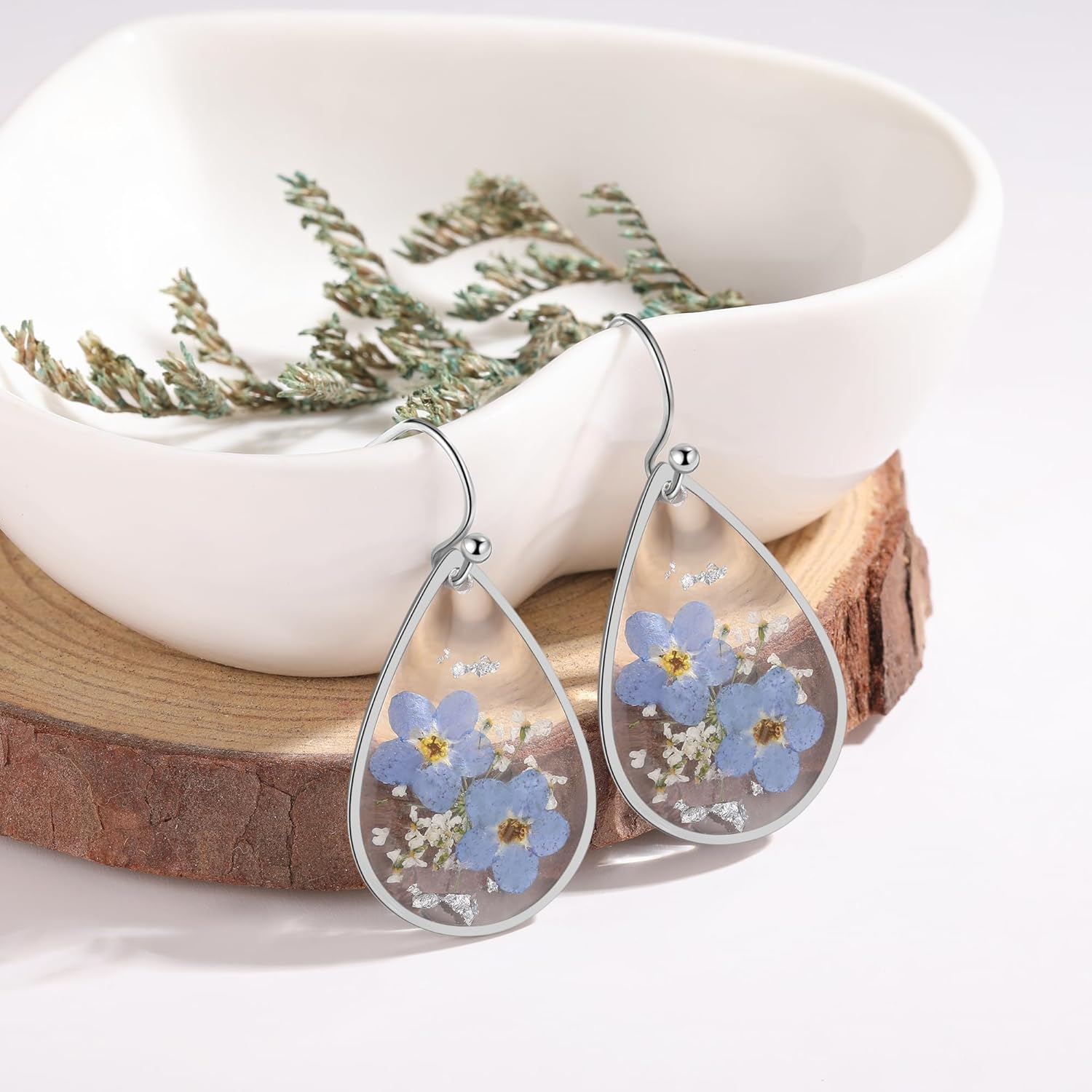 Forget-Me-Not and Queen Anne’s Lace Pressed Wildflower Earrings  Silver Drop Dangle Earrings for Girls  Alaska State Flower Earrings  Personalized