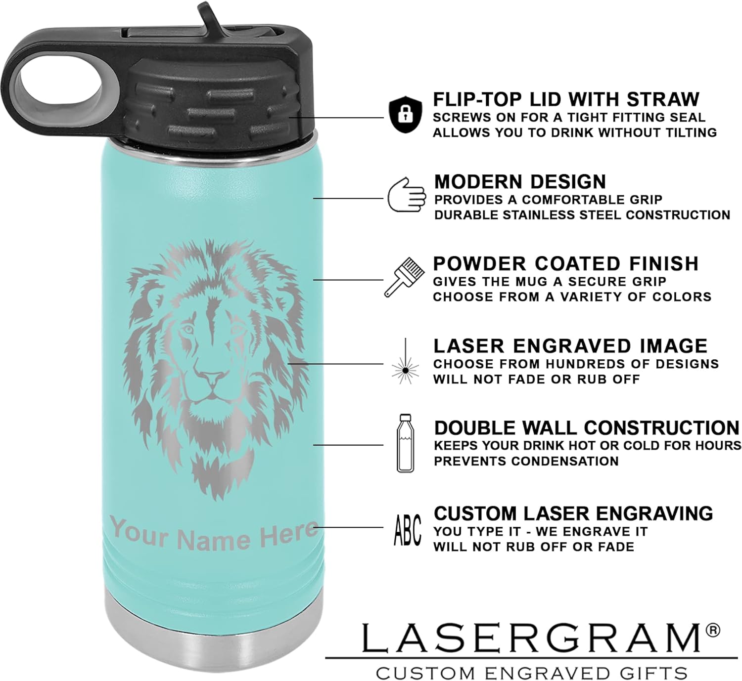 LaserGram Botella de agua de doble pared con tapa abatible de 20 onzas con pajilla, cabeza de caballo 1, grabado personalizado incluido (verde