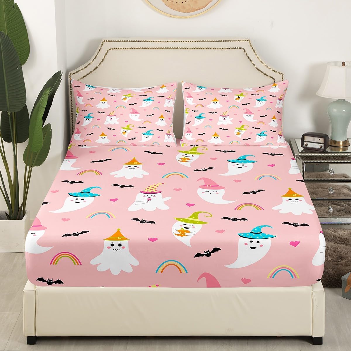Sábanas de cama tamaño matrimonial, juego de ropa de cama de fantasma de dibujos animados para niños, sábana bajera ajustable de murciélagos de