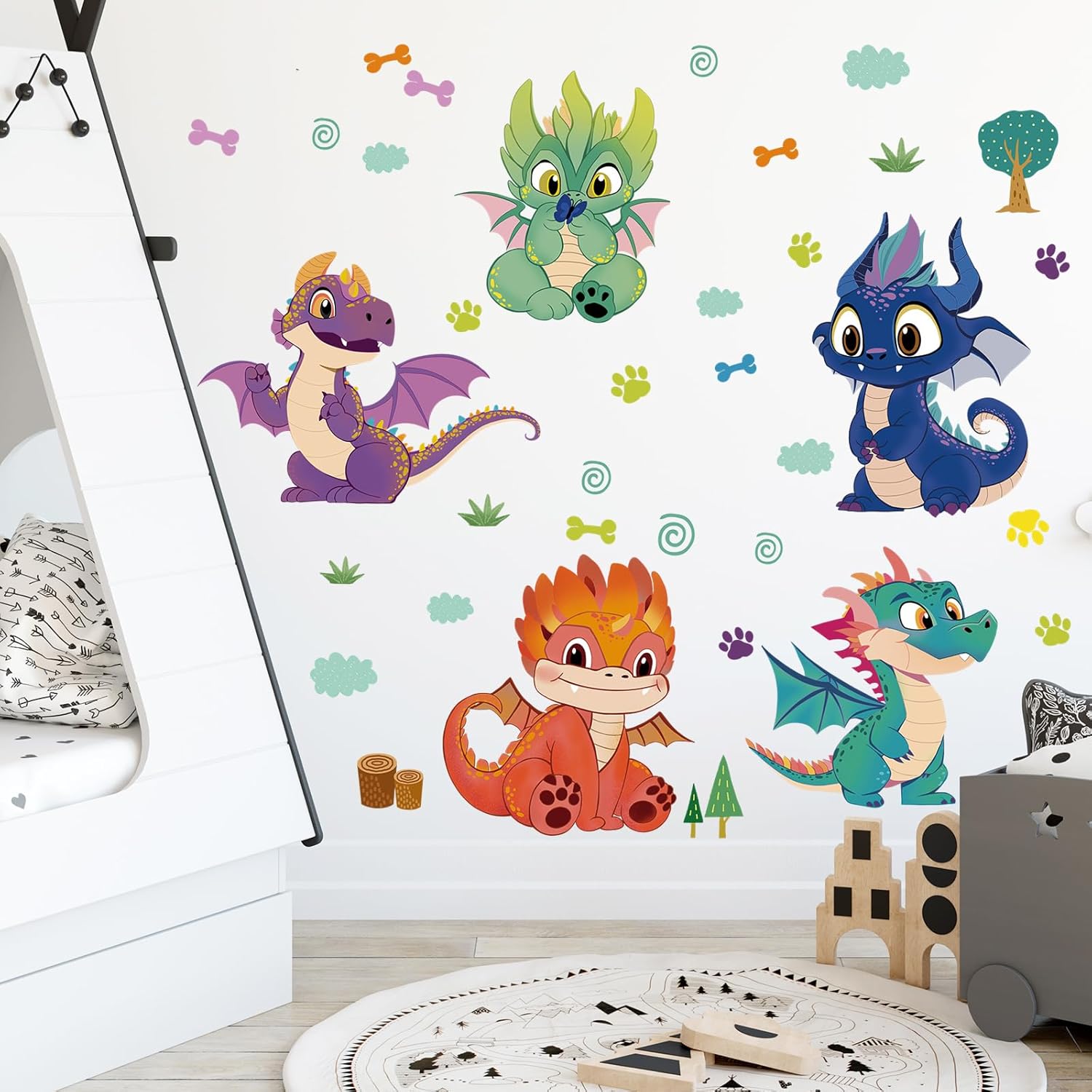 Calcomanías de pared de dragones de dibujos animados, calcomanías de pared de dinosaurio para niños y bebés, removibles para despegar y pegar, arte