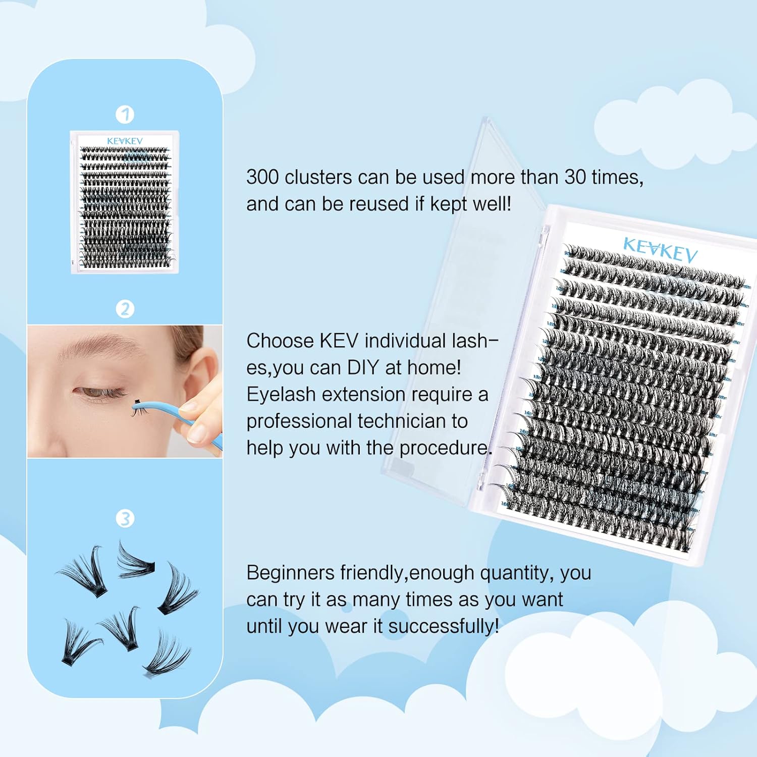 KevKev 300 unidades de pestañas individuales en racimo de pestañas que parecen extensiones de pestañas autoaplicadas en casa con volumen y aspecto
