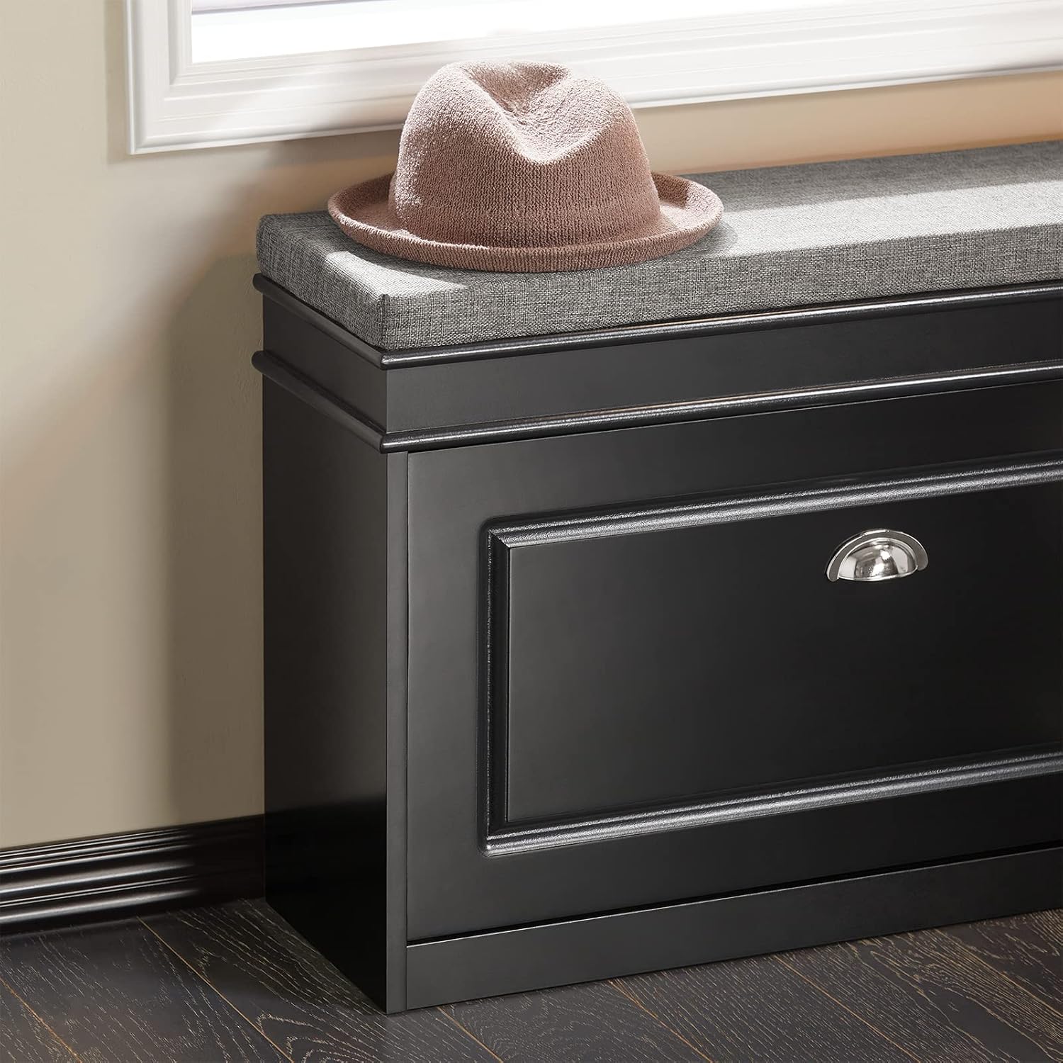 Haotian FSR82-L-SCH, zapatero de pasillo negro con cajón abatible y cojín de asiento