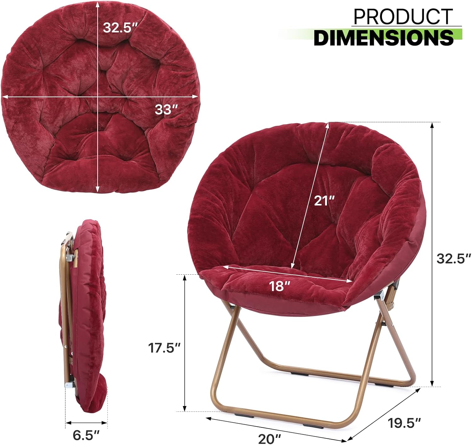 Magshion Silla redonda plegable de gran tamaño con platillo de luna para adultos, silla grande y acogedora para dormitorio, color burdeos