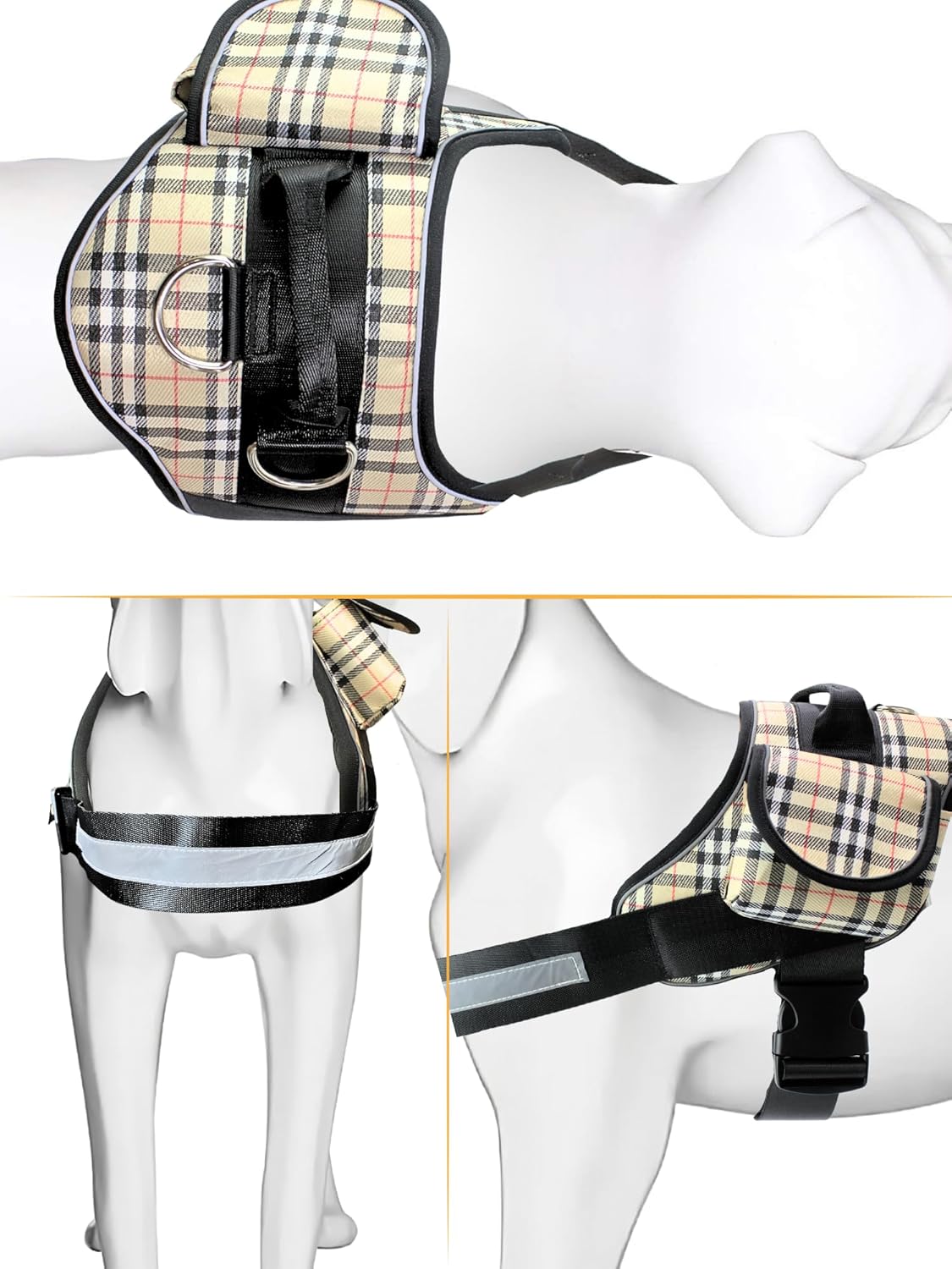 Arnés para perro grande a cuadros con bolsillo para mascotas, arnés para perro grande, arnés para perro grande, arnés reflectante grande para perro,