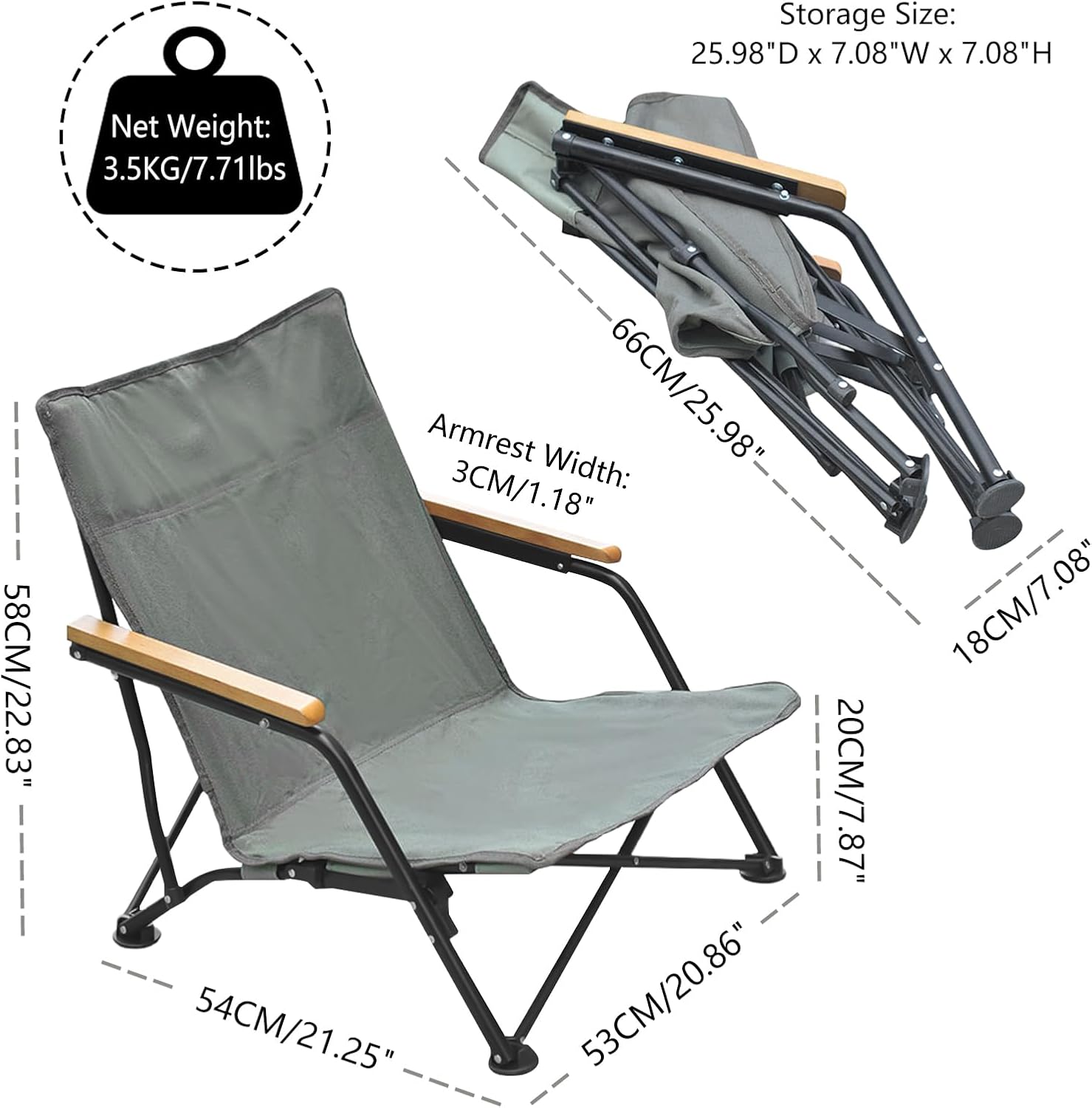 LAKIDAY Silla de playa, silla plegable ligera con pasamanos de madera, para acampar y actividades al aire libre, silla portátil que soporta hasta