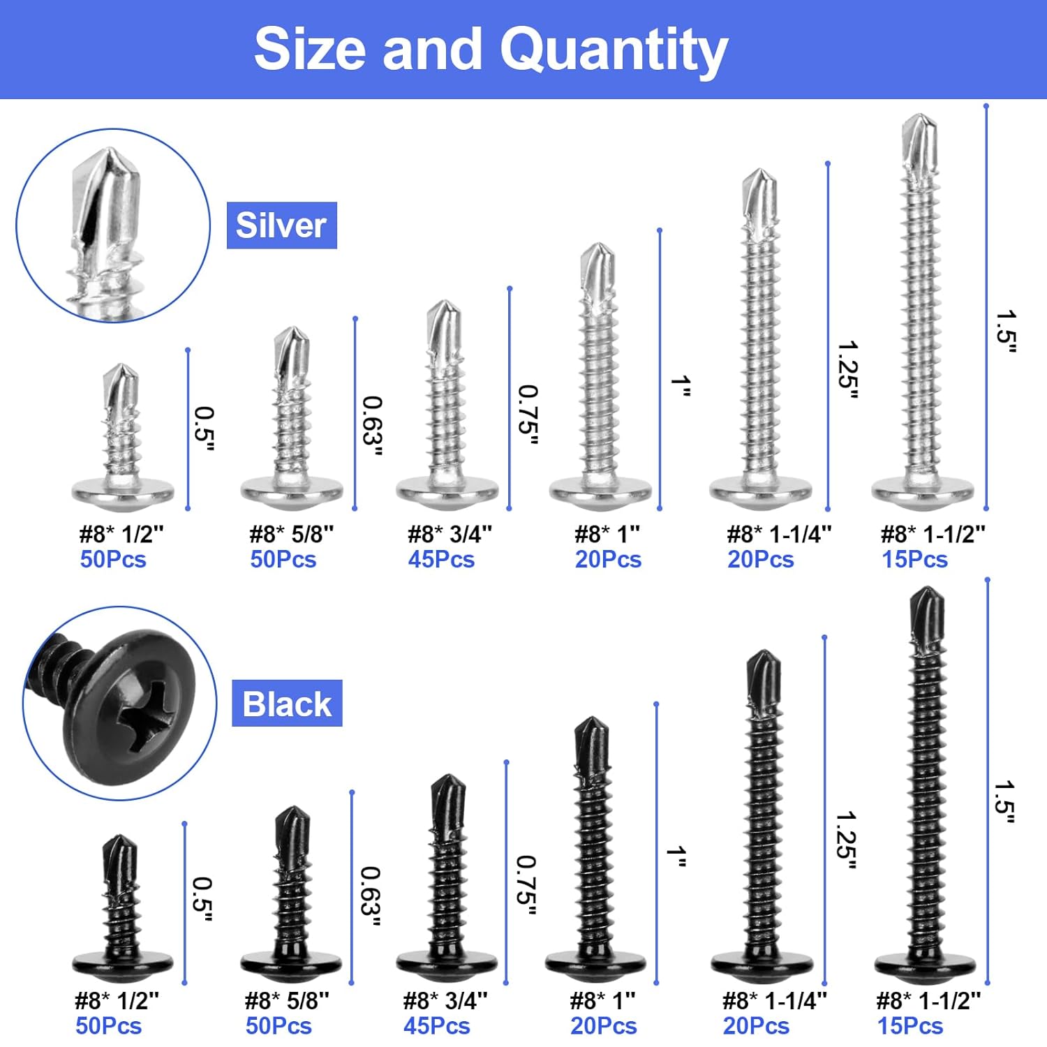 #8 Kit surtido de tornillos autorroscantes, 400 tornillos autorroscantes de cabeza de armadura modificada, 410 tornillos autoperforantes de acero