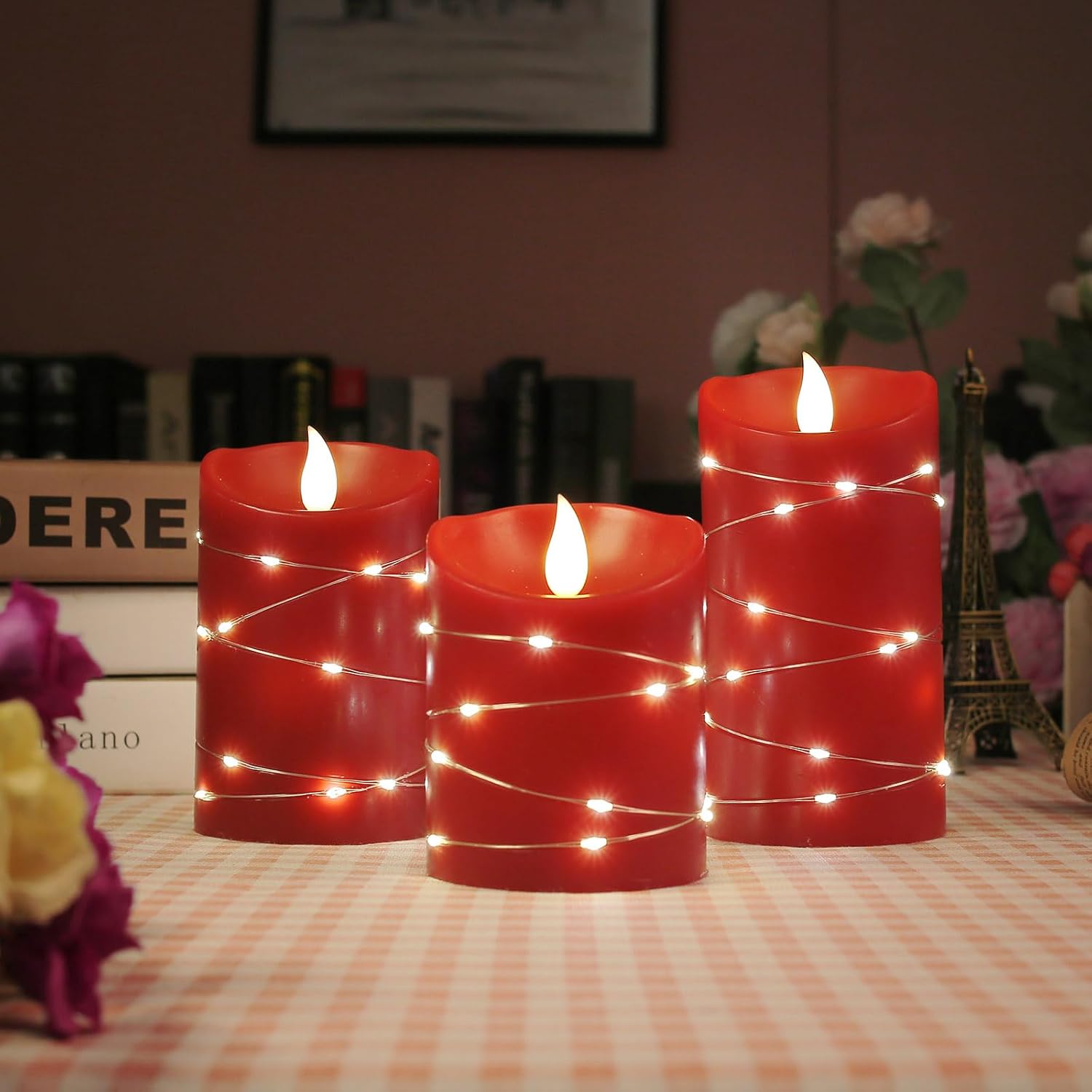 Vela sin llama recargable con cadena de velas LED con fuente de alimentación USB, control remoto, vela electrónica, luz intermitente, juego de 3