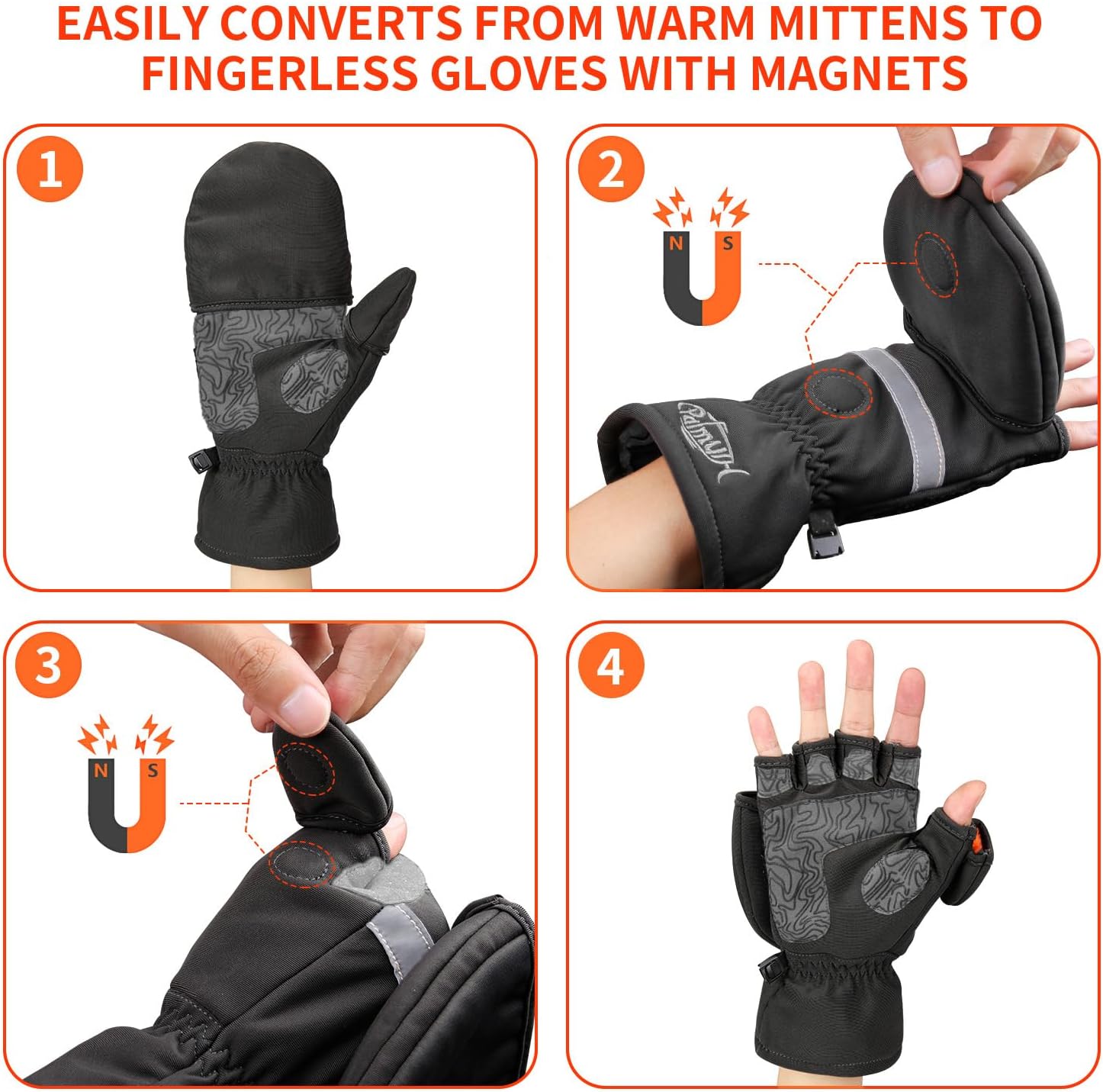 Palmyth Guantes de pesca en hielo, guantes convertibles, sin dedos, con Thinsulate 3M, cálidos para clima frío e invierno, hombres y mujeres,