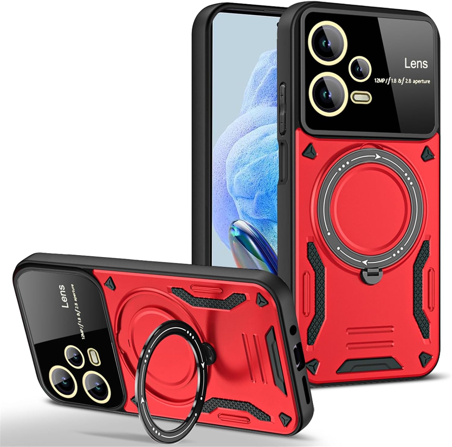 Ysnzaq Funda de lente de vidrio para Xiaomi Poco X5 ProRedmi Note 12 Pro 5G, cubierta de teléfono resistente a prueba de golpes con soporte de
