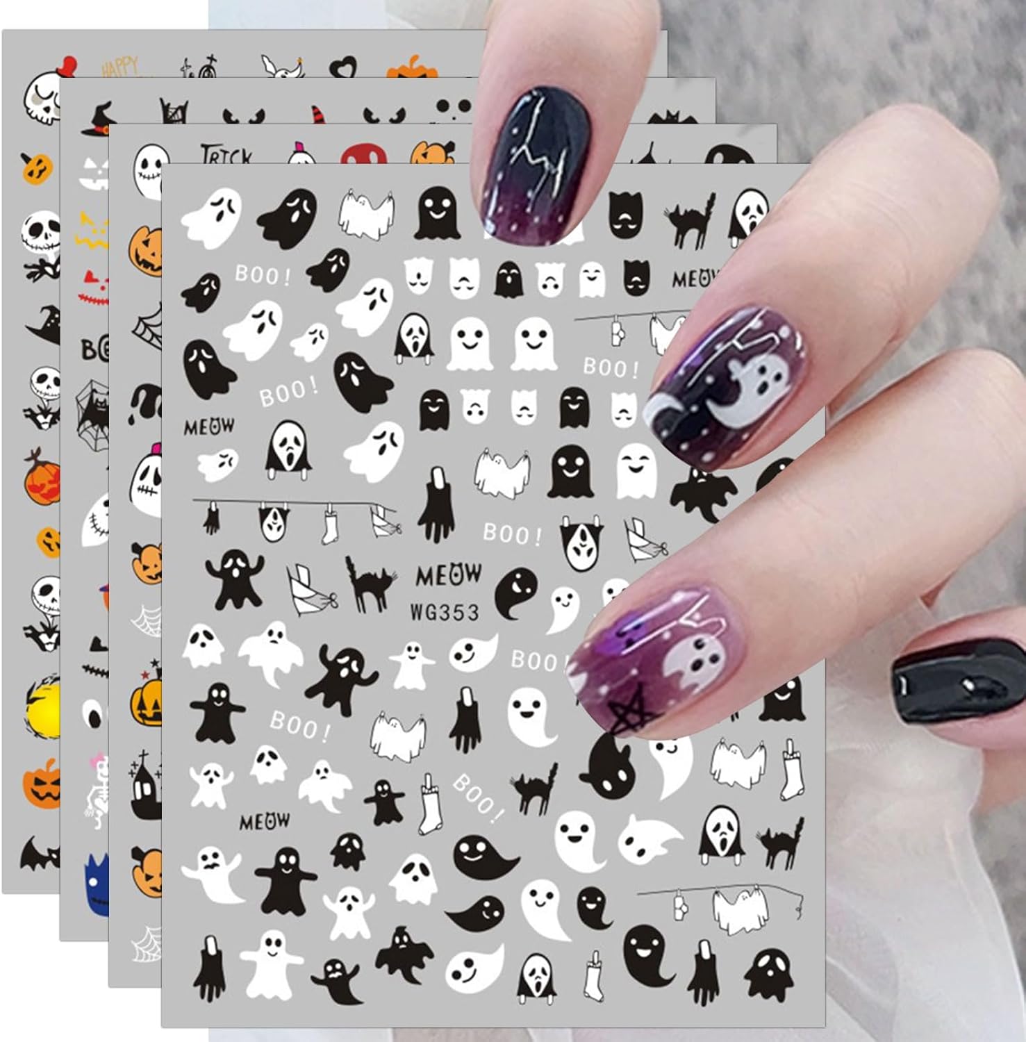 JMEOWIO 12 hojas de calcomanías de arte de uñas de Halloween, calcomanías autoadhesivas, uñas lindas de calavera fantasma, fantasma, suministros de