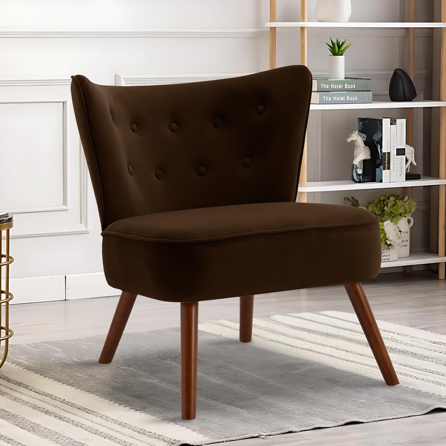 RUOVU Sillas decorativas de terciopelo modernas de mediados de siglo, sillas de sala de estar sin brazos con patas de madera, sillas de club con