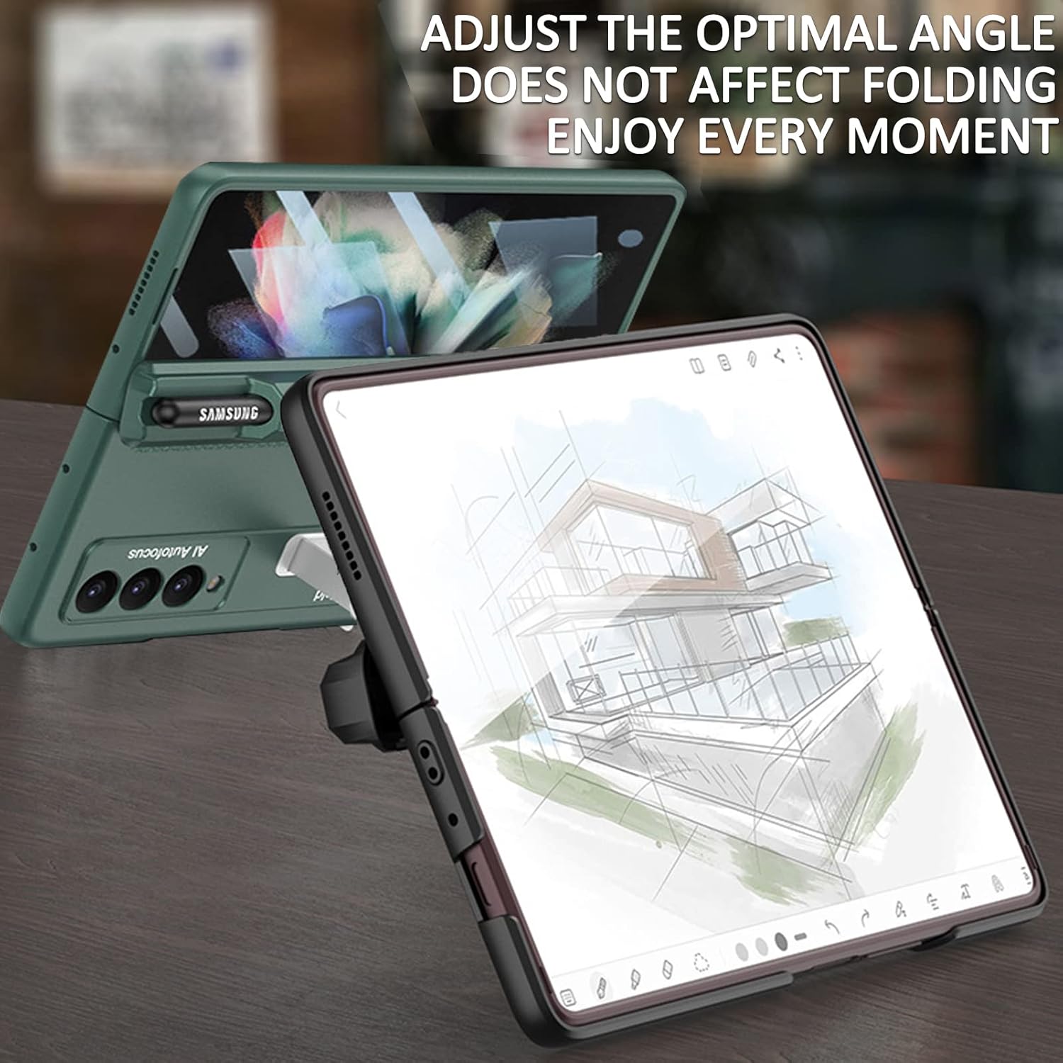 Miimall Funda compatible con Samsung Fold 3 con soporte para bolígrafo S, protector de pantalla integrado, protección magnética de bisagra, soporte