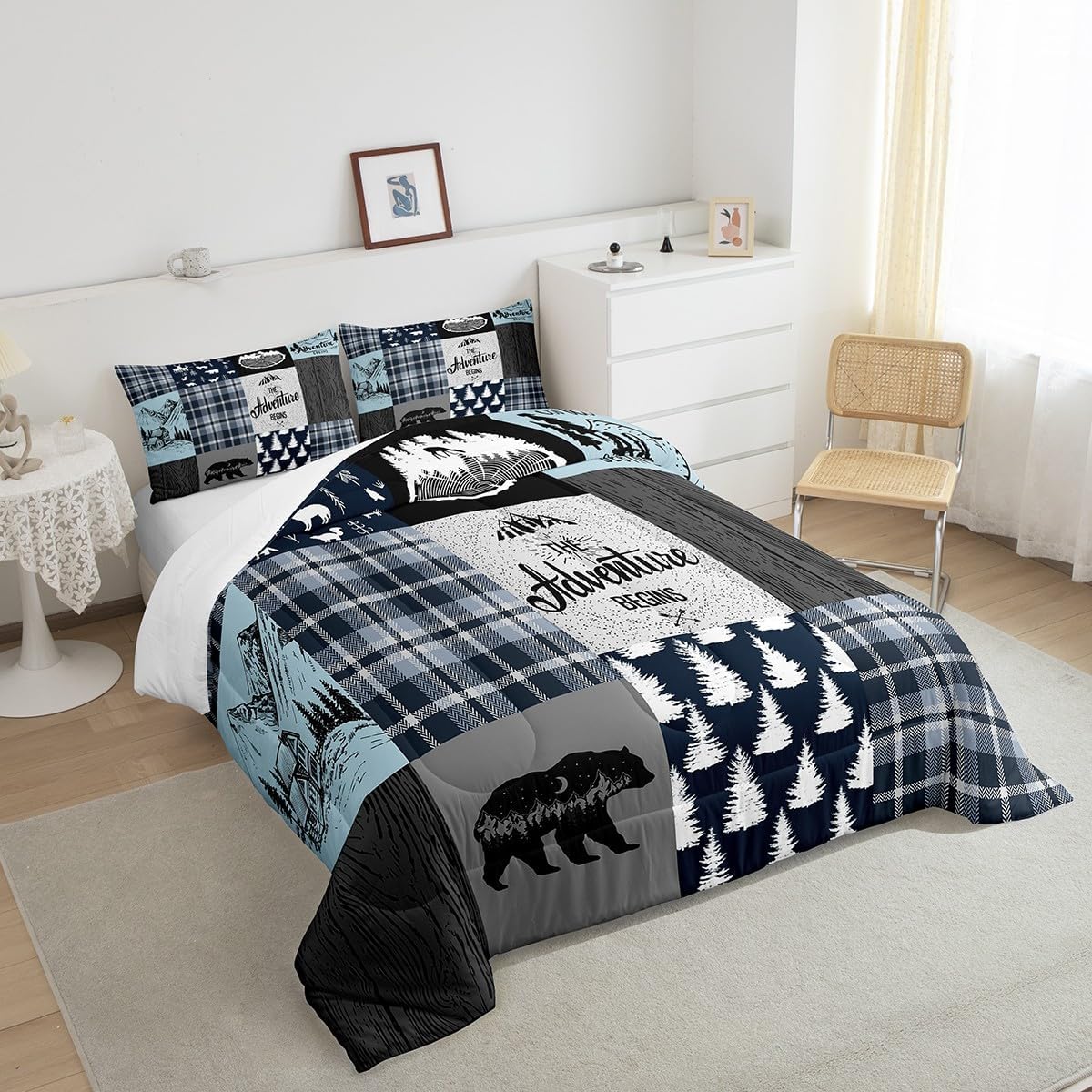 Juego de ropa de cama de cabaña retro rústica tamaño King, juego de edredón de oso y ciervos para niños, adolescentes y adultos, edredón de caza de