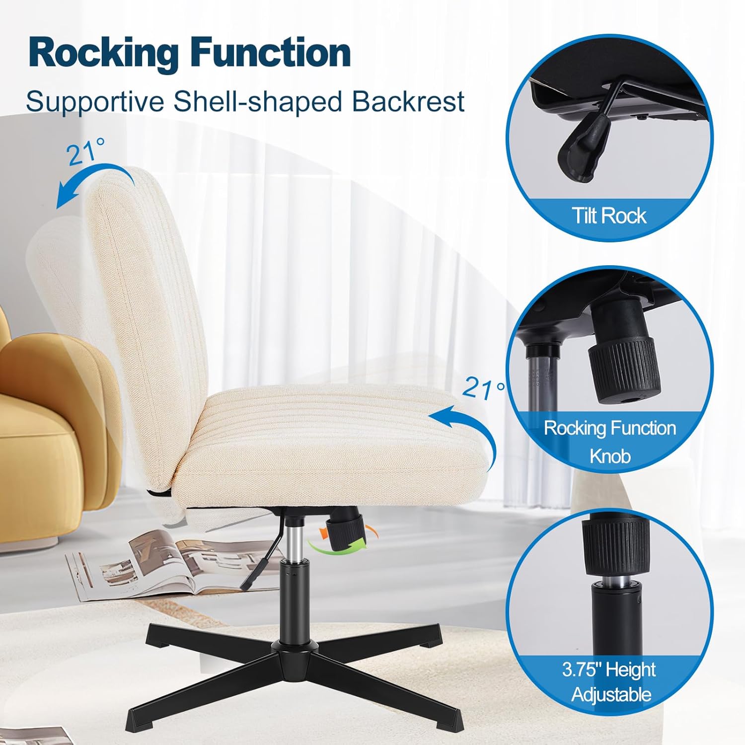 ZUNMOS Silla cruzada sin ruedas, silla giratoria con patas cruzadas, silla de tocador de tela moderna, silla sin brazos ancha ajustable en altura