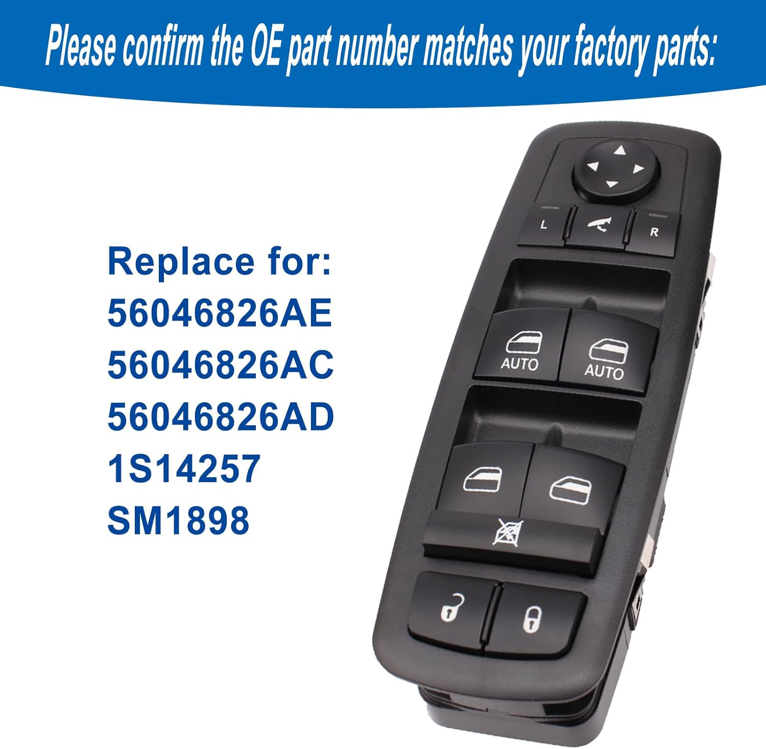 Interruptor de ventana eléctrica compatible con Chrysler 300 2011-2012 Dodge Journey 2016-2021 Ram 1500 2500 3500 2012 Reemplazo para 56046826AE