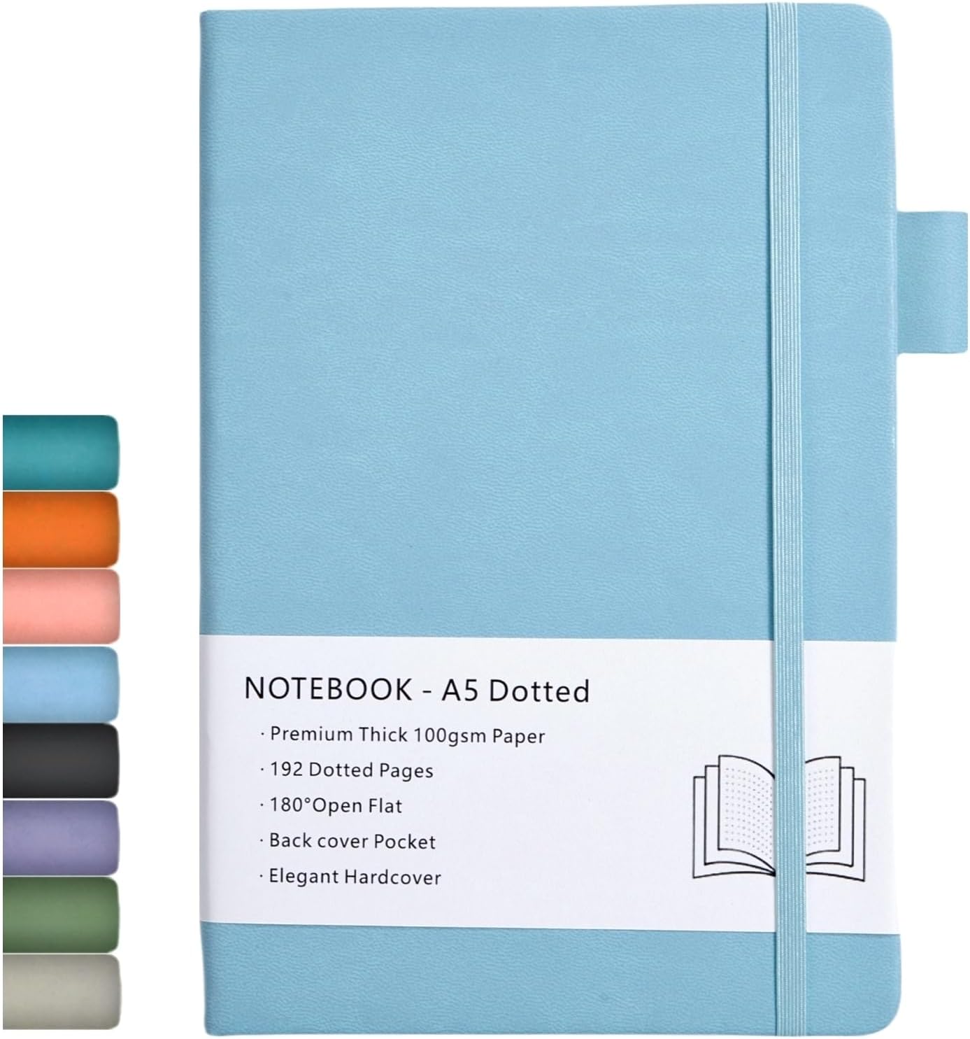 Beinushor Cuaderno punteado A5, diario de tapa dura con papel grueso de 3.53 ozm, 192 páginas, bolsillo interior, bandas elásticas, cubierta de piel